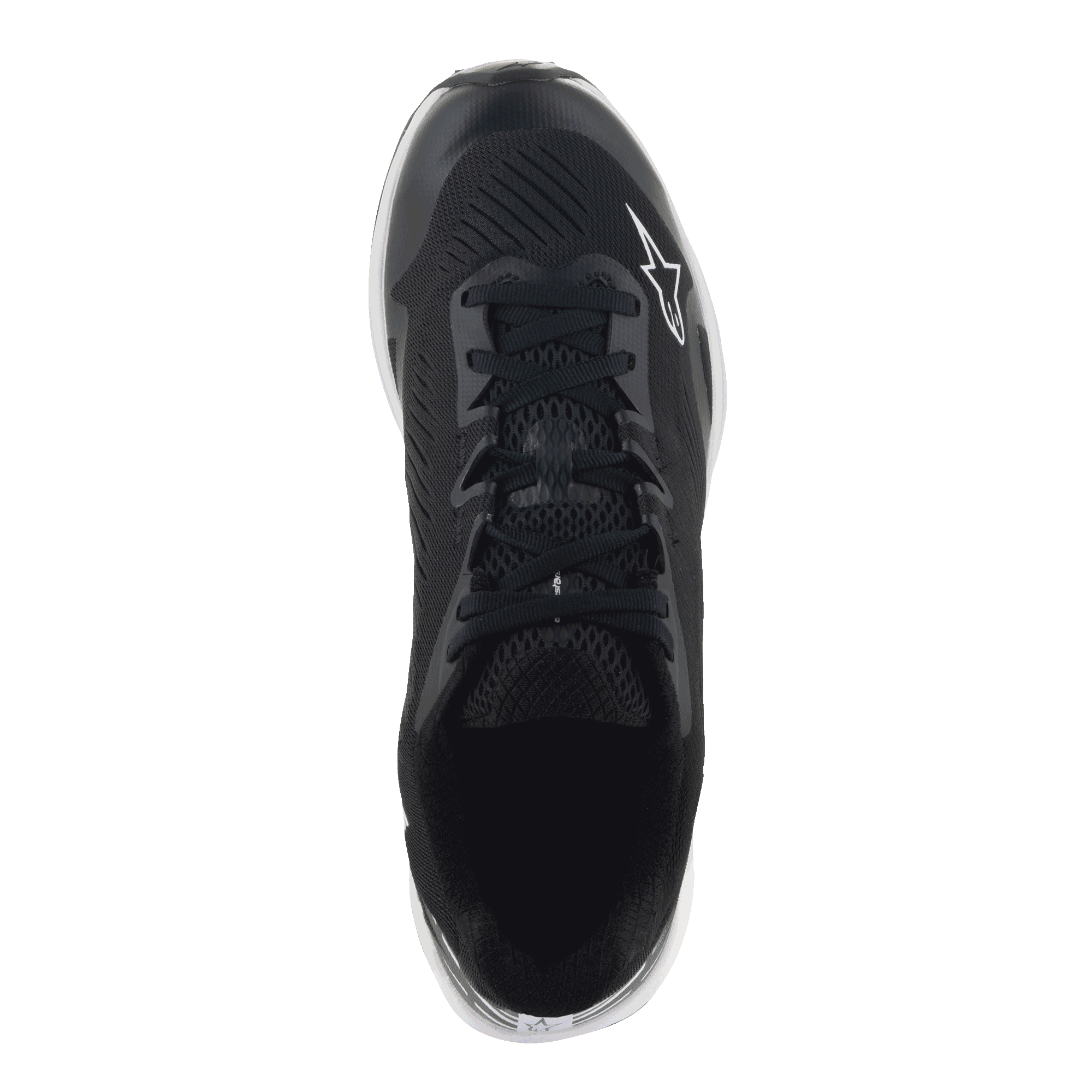 Scarpe Alpinestars Meta Road V2, calzature sportswear, nero e bianco, vista dall'alto che mostra la tomaia in rete sintetica traspirante, lacci neri e logo Astars bianco, progettate per il comfort tutto il giorno e l'abbigliamento da lavoro del team di gara.
