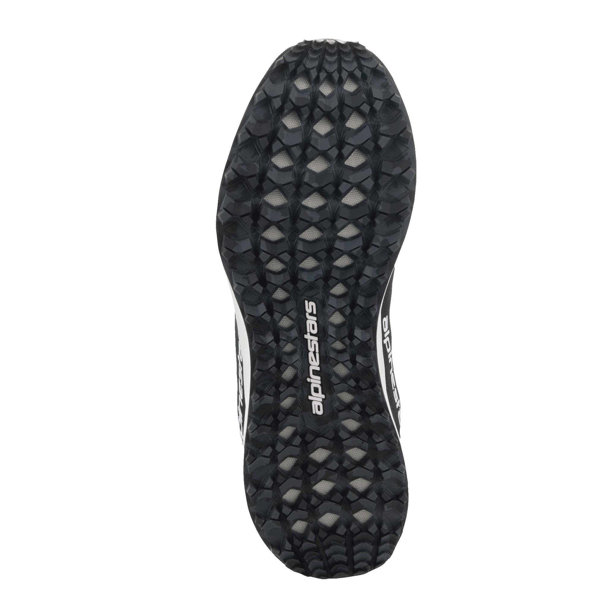 Scarpe Alpinestars Meta Road V2, vista dal basso della suola, motivo grip a tasselli stile camouflage nero e grigio, logo Alpinestars bianco, suola in gomma resistente per trazione multi-terreno
