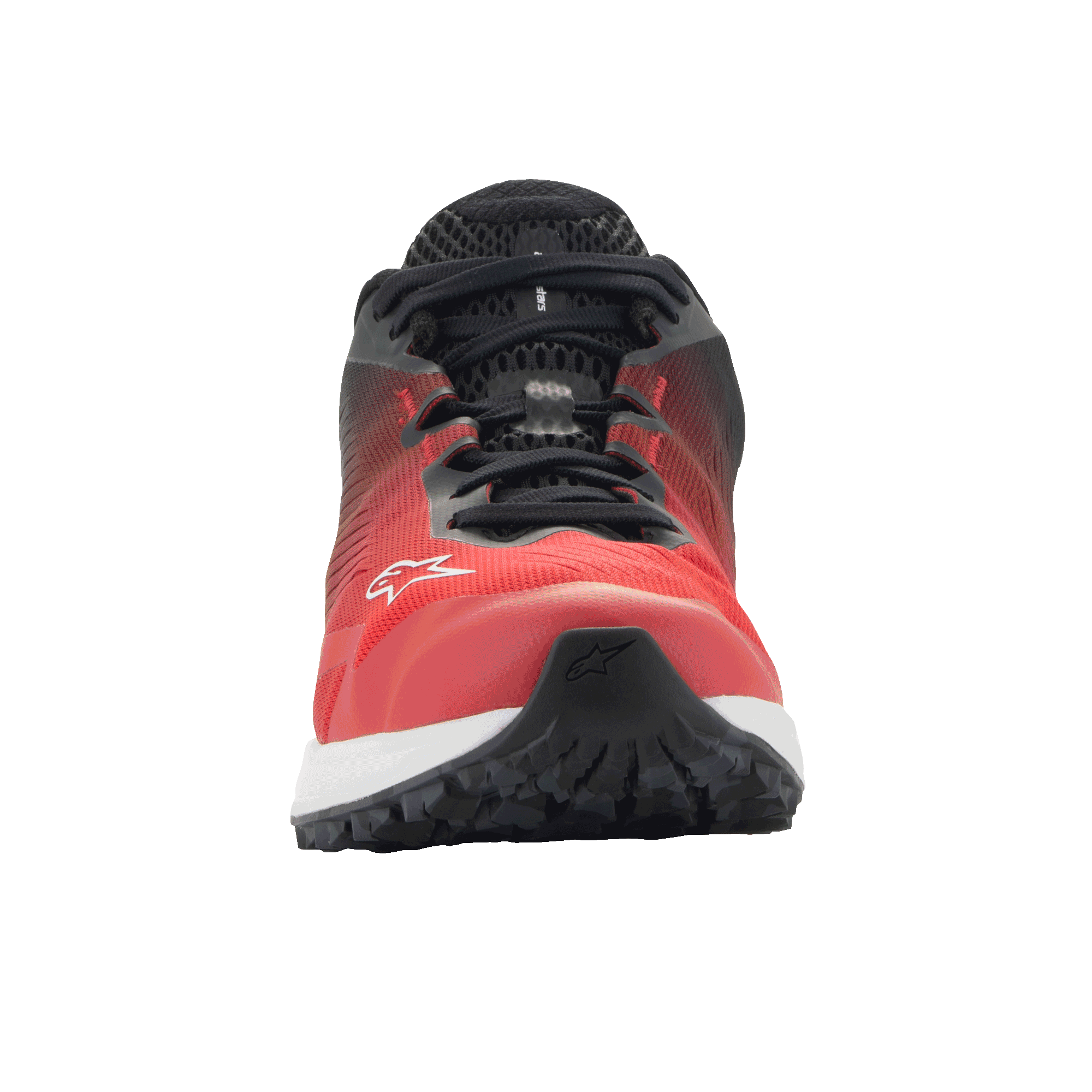 Scarpe Alpinestars Meta Road V2, scarpe sportswear, rosso, nero e bianco, vista frontale con tomaia in mesh traspirante e logo Alpinestars bianco, design leggero da abbigliamento da lavoro per team di gara
