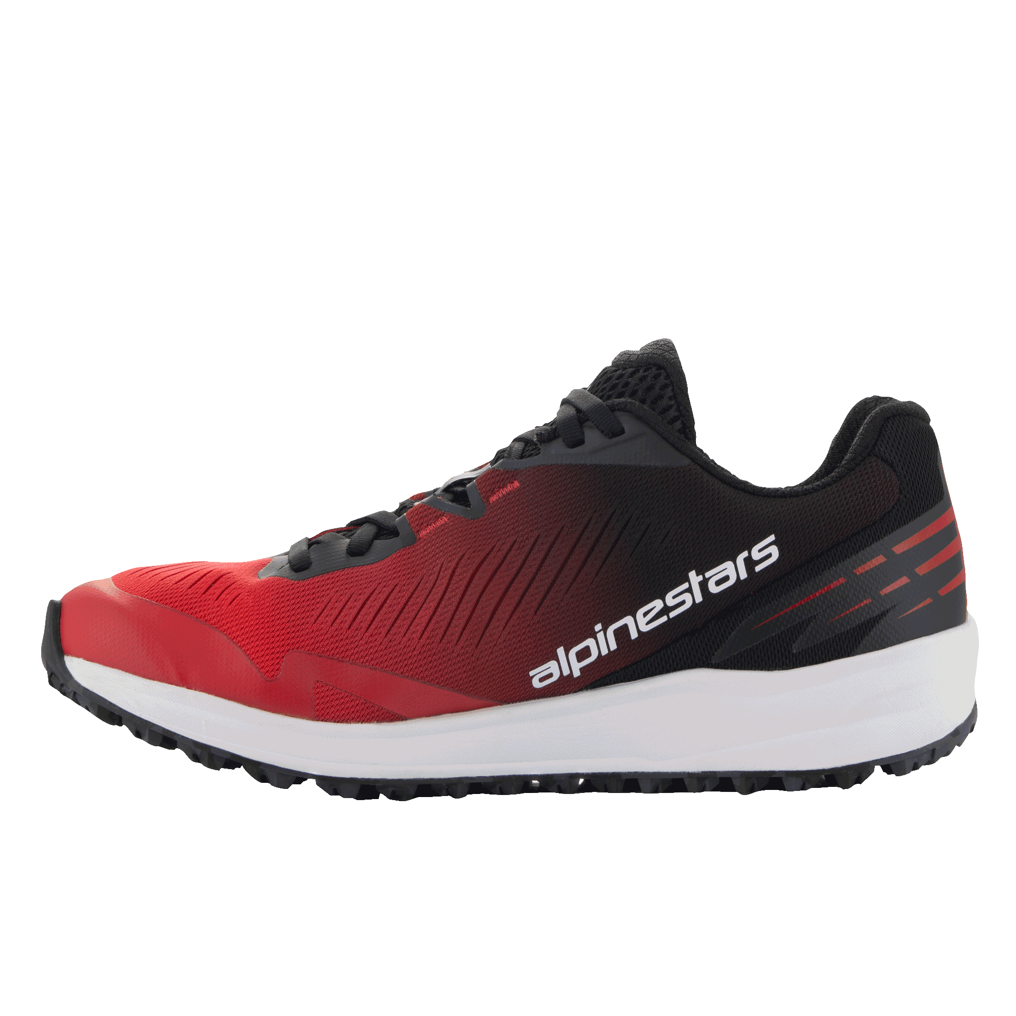 Scarpe Alpinestars Meta Road V2, scarpe sportswear, sfumatura dal rosso al nero con intersuola bianca, profilo laterale con scritta Alpinestars bianca, design atletico leggero per un comfort duraturo tutto il giorno