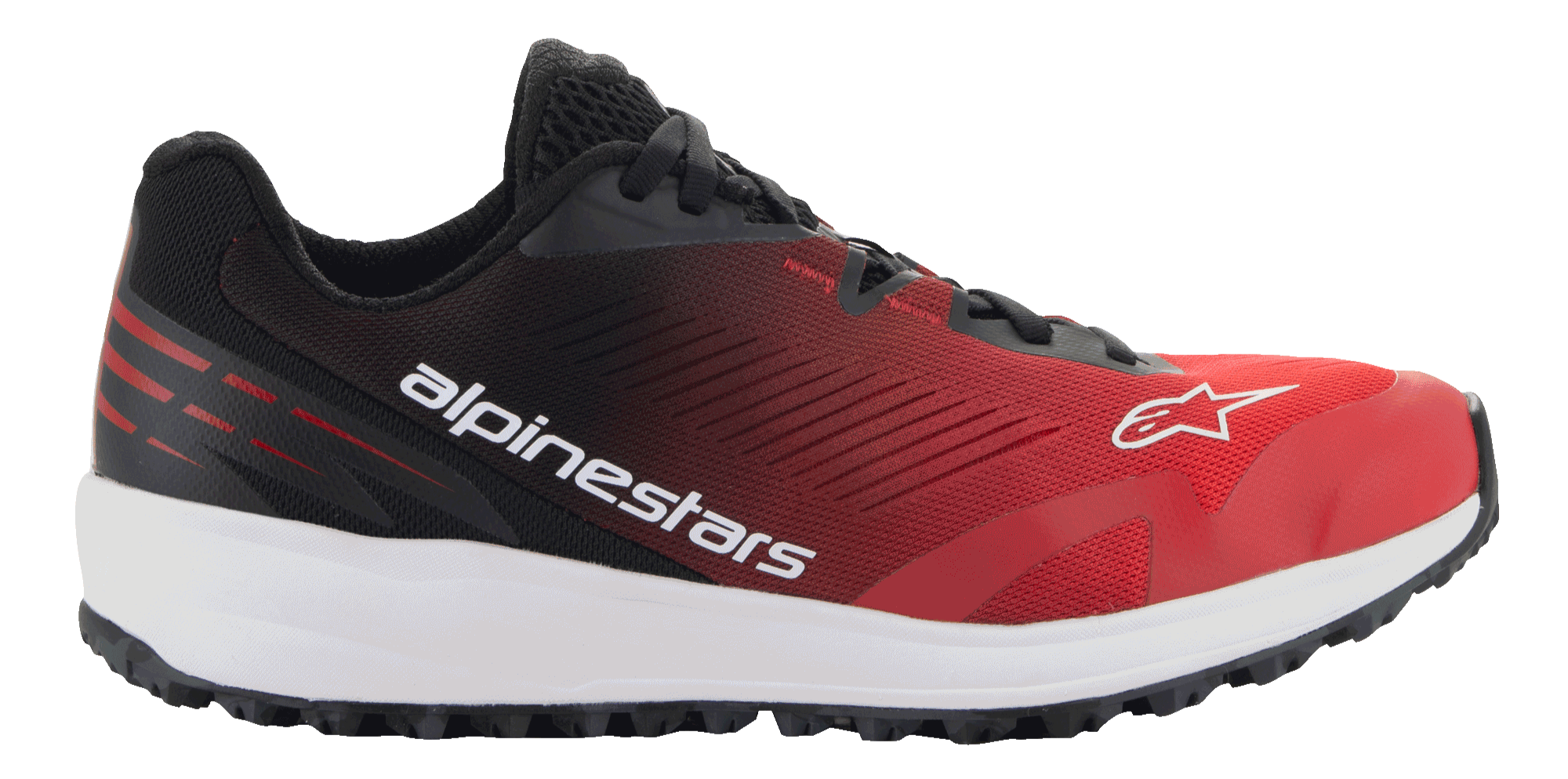 Alpinestars Scarpe Meta Road V2, scarpe sportswear, rosso, nero e bianco, vista di profilo laterale con tomaia in mesh traspirante, intersuola bianca, suola nera e vistoso marchio Alpinestars sul lato