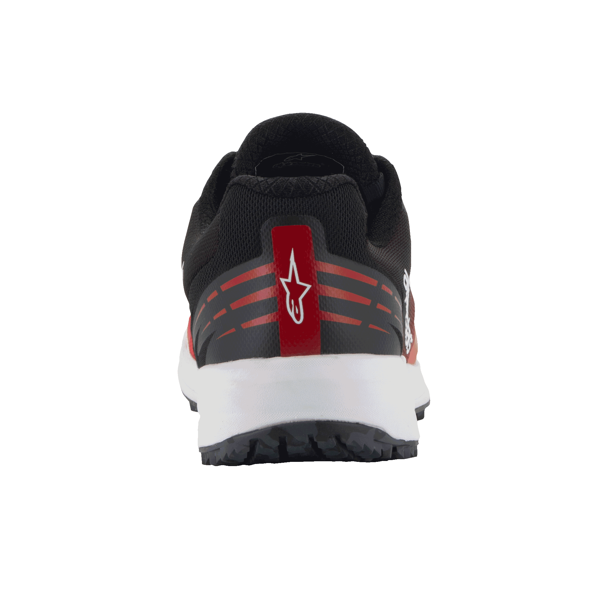 Scarpe Alpinestars Meta Road V2, scarpe sportswear, rosso, nero e bianco, vista posteriore con dettaglio del tallone e logo Astars bianco su striscia rossa, accenti rossi orizzontali, tomaia in mesh nera e intersuola bianca