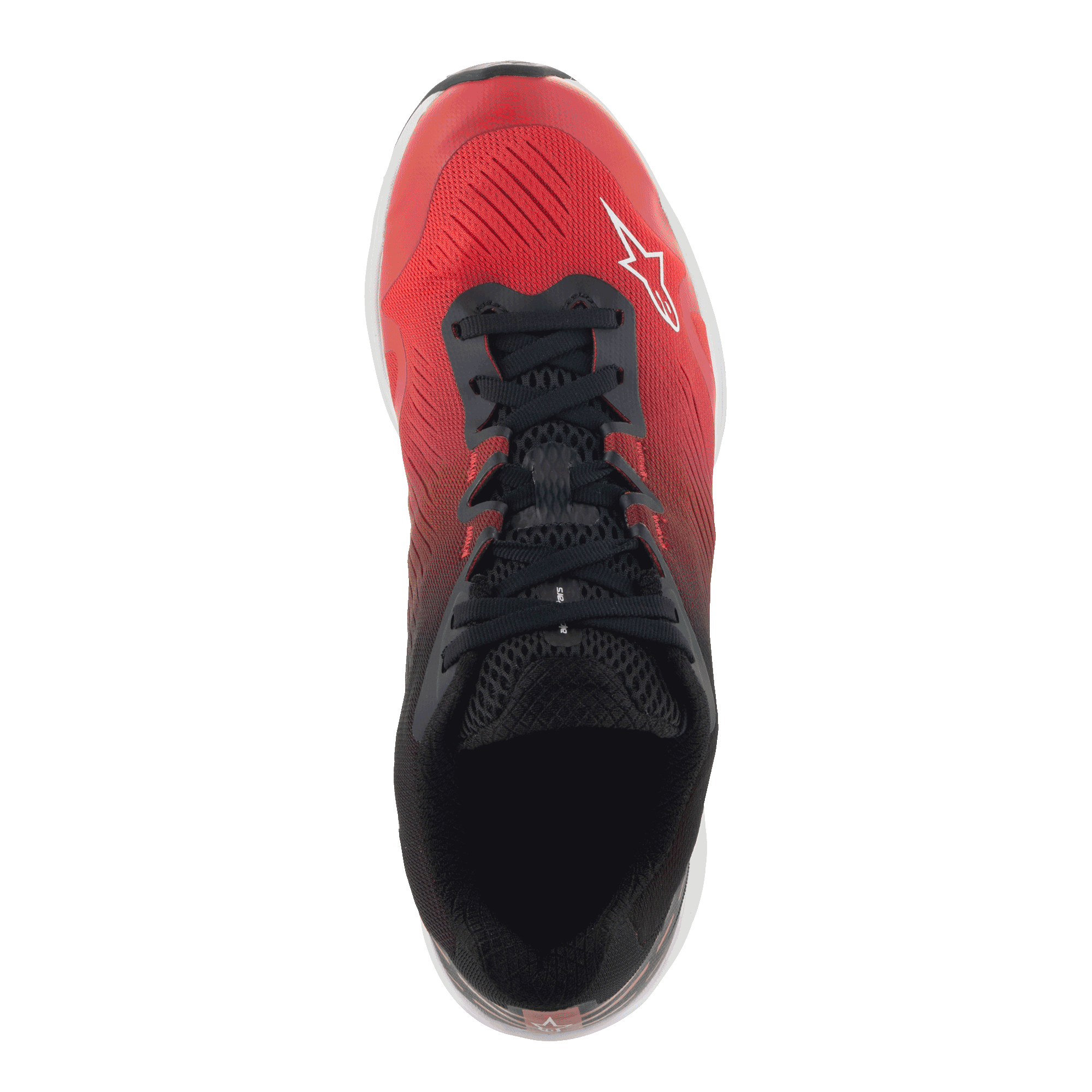Scarpe Alpinestars Meta Road V2, scarpe sportswear, rosso, nero e bianco, vista dall'alto con gradiente da rosso a nero, lacci neri e logo Alpinestars bianco, progettate per il comfort tutto il giorno e come abbigliamento da lavoro per team di gara