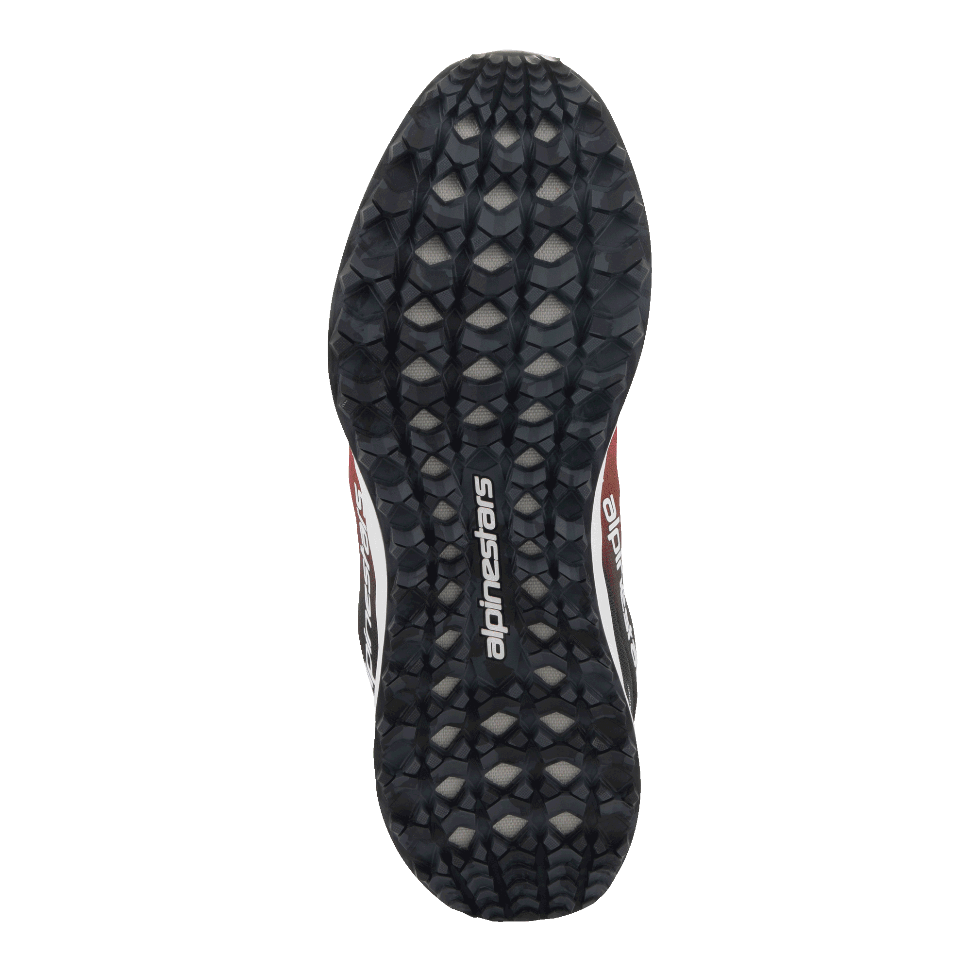 Scarpe Alpinestars Meta Road V2, vista dal basso della suola, gomma nera con motivo esagonale testurizzato per il grip, logo Alpinestars bianco al centro, dettagli rossi, neri e bianchi visibili sui lati
