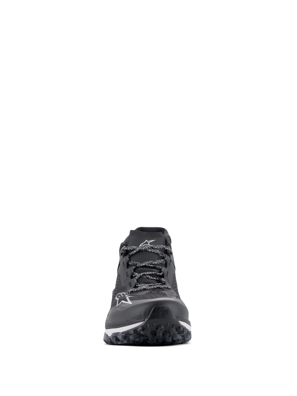 Scarpe Alpinestars Meta XR V2, calzature sportive casual, nero, bianco e grigio scuro, vista frontale con tomaia in rete tecnica, lacci a fantasia, logo Alpinestars bianco sulla punta e suola robusta progettata per trazione e comfort
