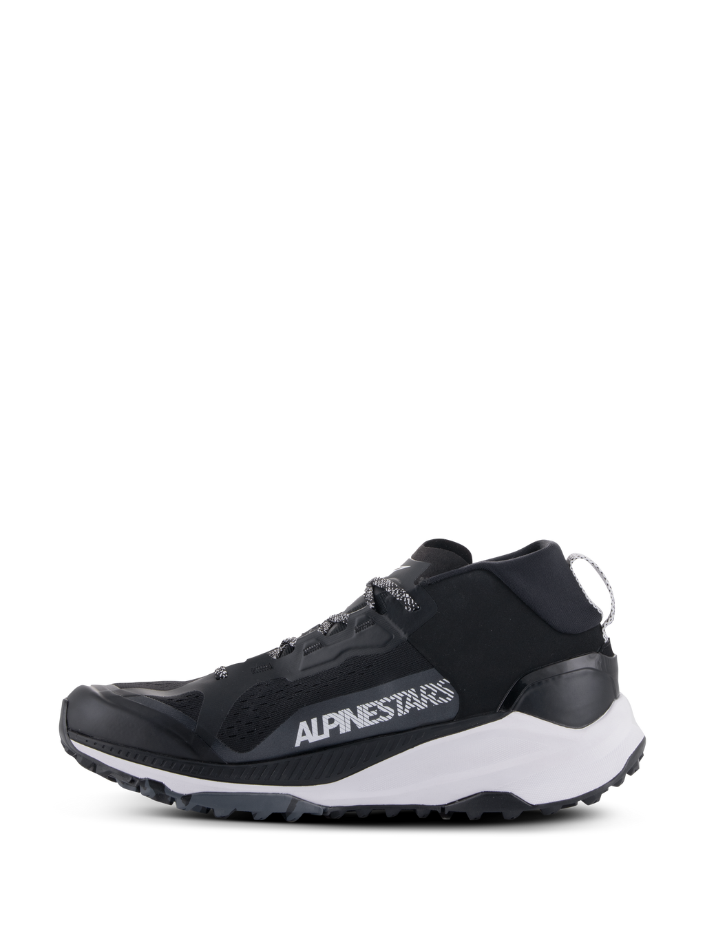 Scarpe Alpinestars Meta XR V2, scarpe sportive, nero, bianco e grigio scuro, profilo laterale con tomaia in rete, intersuola bianca e suola robusta, logo Alpinestars bianco in evidenza sul pannello laterale.