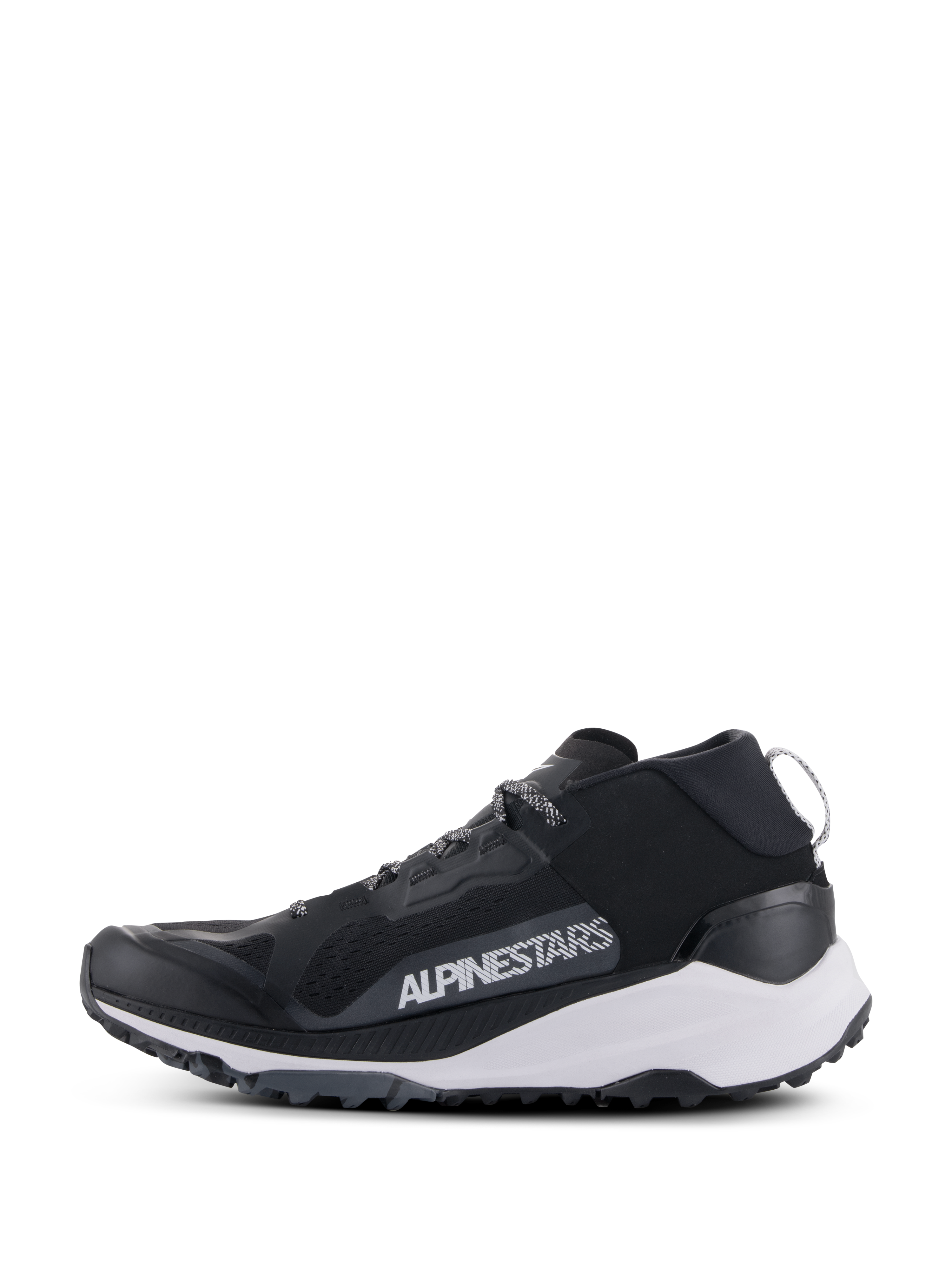 Scarpe Alpinestars Meta XR V2, scarpe sportive, nero, bianco e grigio scuro, profilo laterale con tomaia in rete, intersuola bianca e suola robusta, logo Alpinestars bianco in evidenza sul pannello laterale.