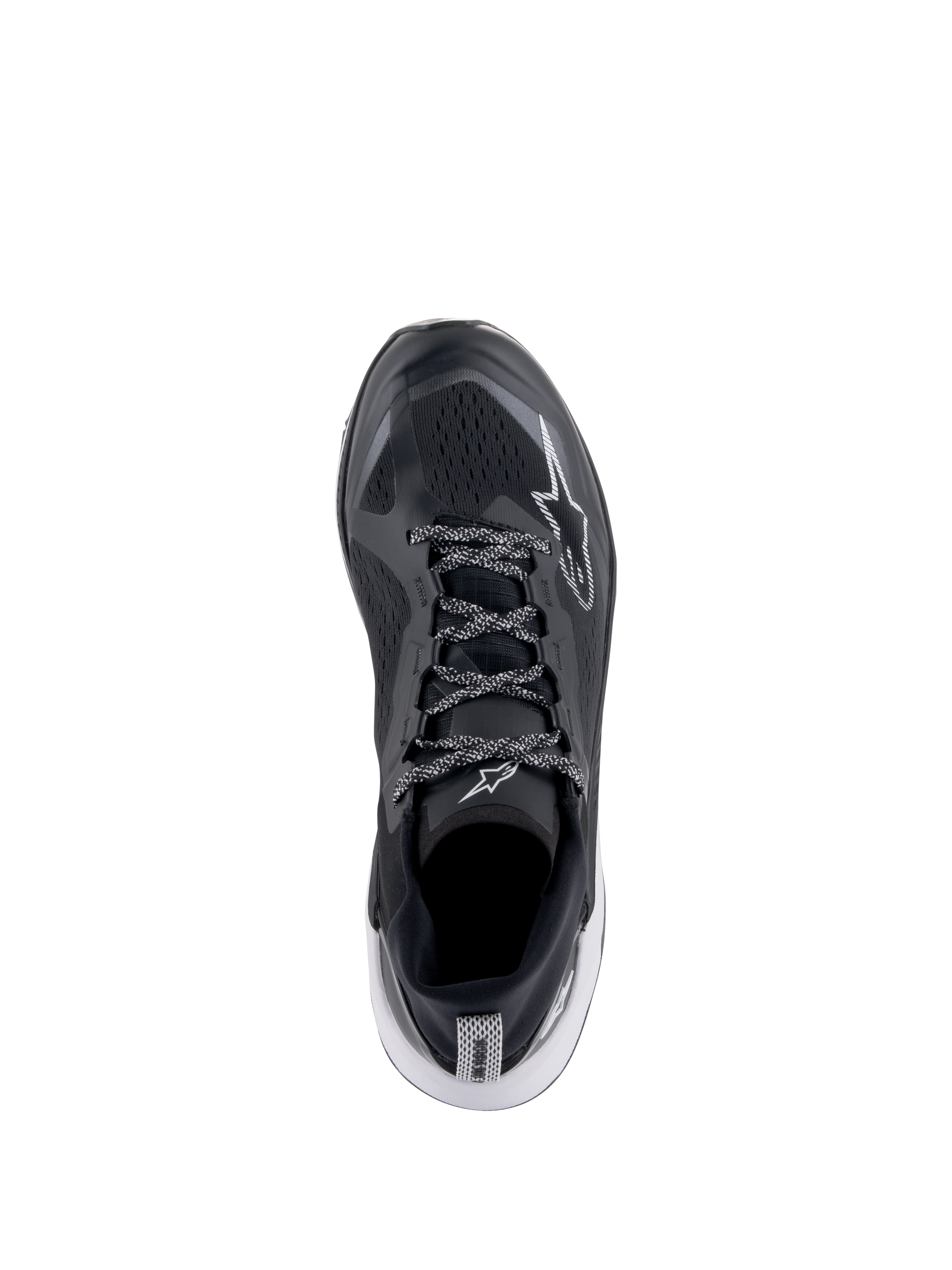 Scarpe Alpinestars Meta XR V2, scarpe sportswear, nero, bianco e grigio scuro, vista dall'alto con tomaia in rete traspirante e lacci a fantasia, logo a stella bianco, calzature sportive casual