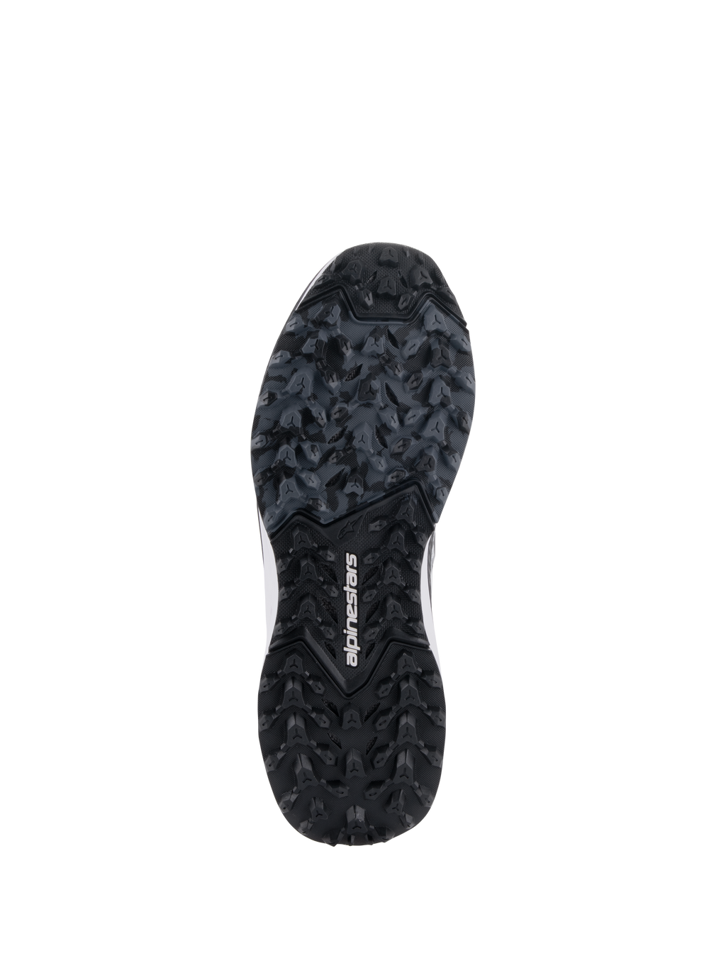 Scarpe Alpinestars Meta XR V2, vista della robusta suola in gomma, suola esterna nera e grigio scuro con motivo di trazione tassellato, marchio Alpinestars bianco al centro, progettata per un'aderenza superiore su terreni off-road e superfici sporche