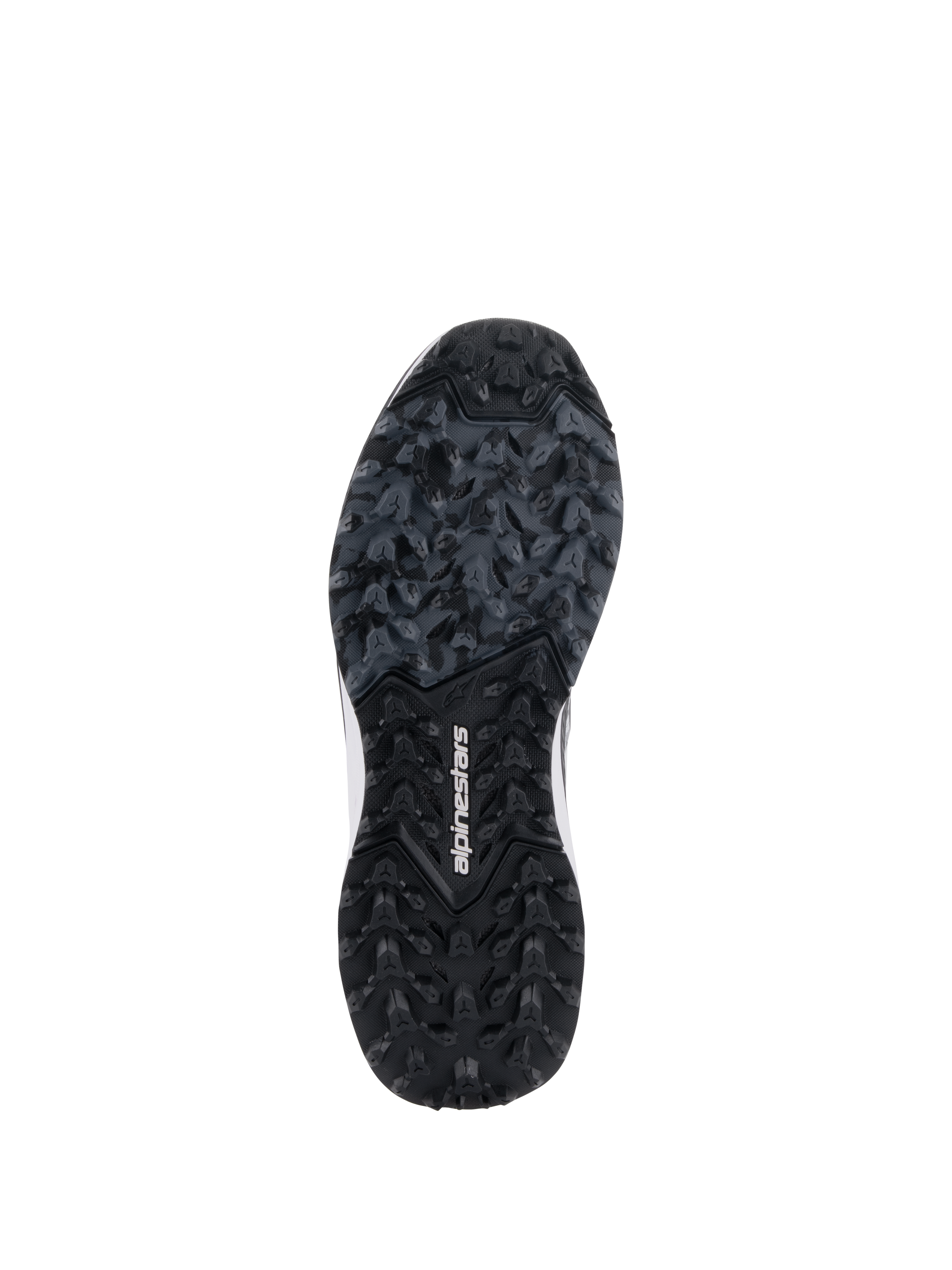 Scarpe Alpinestars Meta XR V2, vista della robusta suola in gomma, suola esterna nera e grigio scuro con motivo di trazione tassellato, marchio Alpinestars bianco al centro, progettata per un'aderenza superiore su terreni off-road e superfici sporche