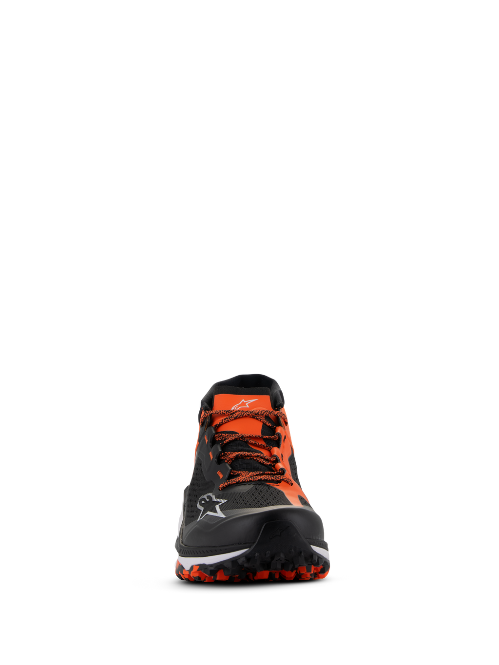 Scarpe Alpinestars Meta XR V2, nero arancione bianco, vista frontale che mostra la tomaia in rete tecnica, lacci arancioni e robusta suola in gomma resistente all'olio con battistrada visibile, calzatura sportivo-casual