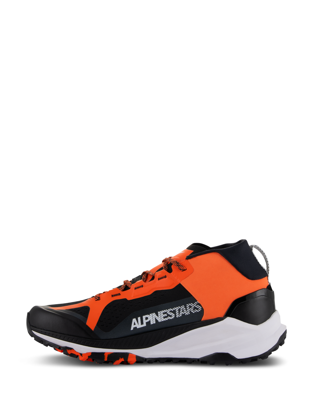 Scarpe Alpinestars Meta XR V2, scarpe sportive casual, nero, arancione e bianco, vista laterale con vivace pannello arancione e logo bianco, rete nera traspirante, spessa intersuola bianca e suola robusta e strutturata.