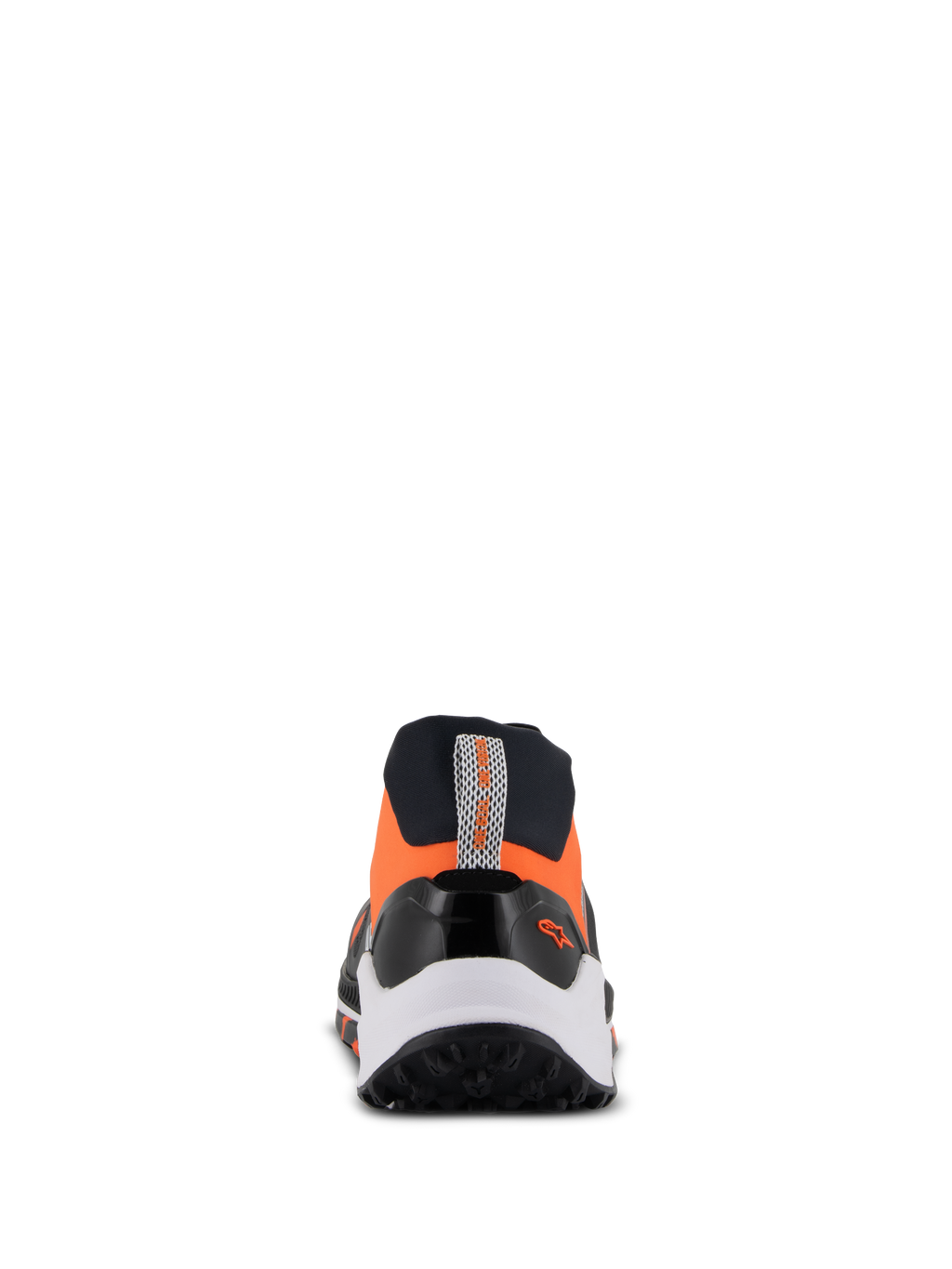 Alpinestars Meta XR V2, scarpe sportive casual, nero, arancione e bianco, vista posteriore con robusta suola in gomma, intersuola bianca e tomaia arancione con fettuccia posteriore e piccolo logo Alpinestars.