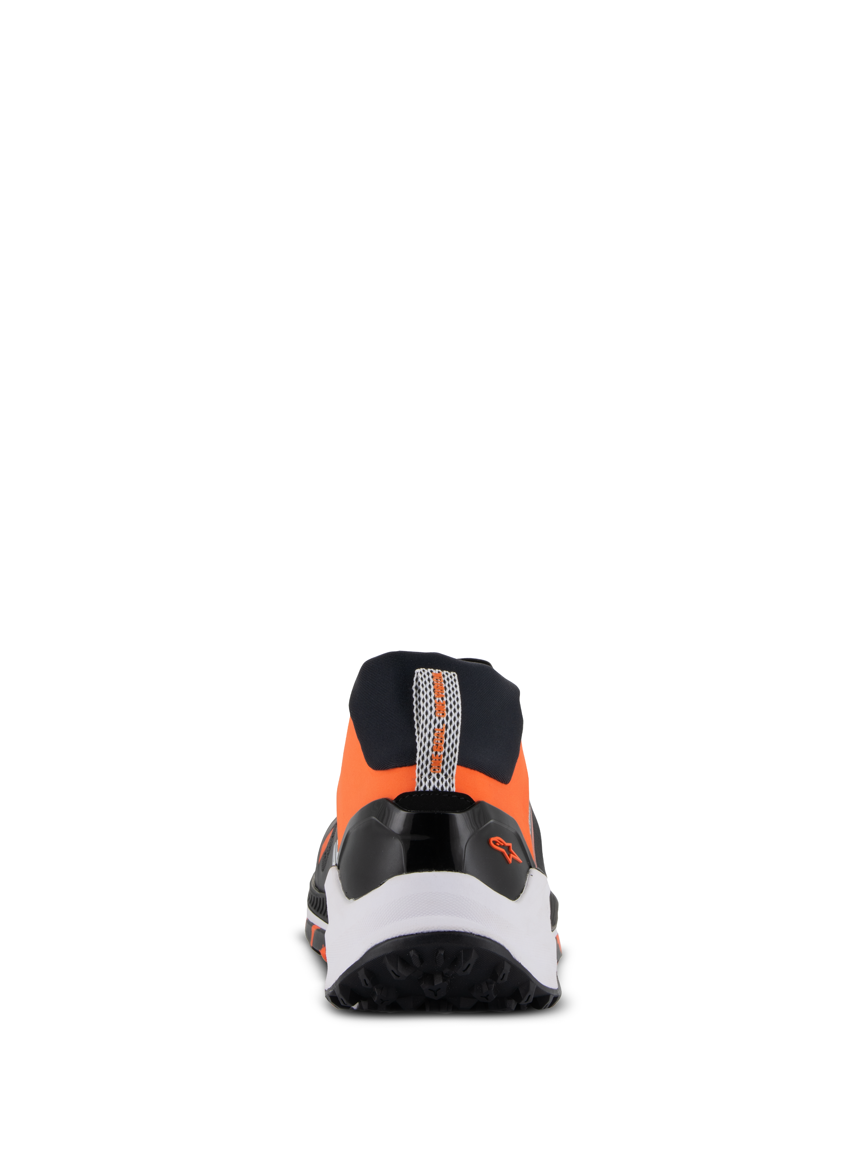 Alpinestars Meta XR V2, scarpe sportive casual, nero, arancione e bianco, vista posteriore con robusta suola in gomma, intersuola bianca e tomaia arancione con fettuccia posteriore e piccolo logo Alpinestars.