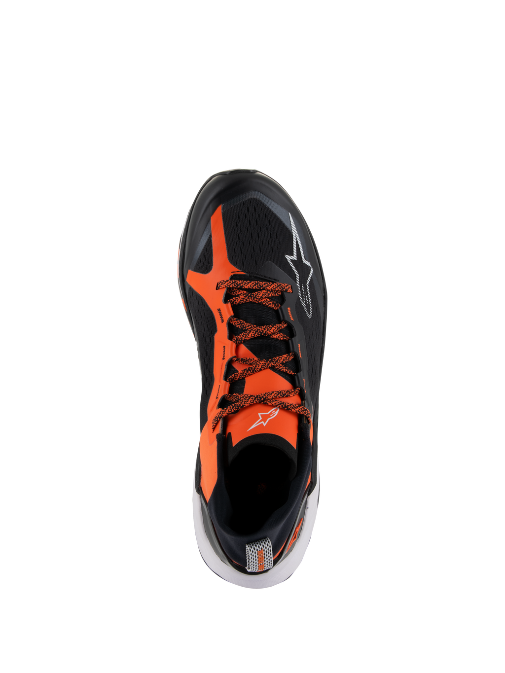 Scarpe Alpinestars Meta XR V2, scarpe sportive casual, nero, arancione e bianco, vista dall'alto con tomaia in rete tecnica nera, vivaci sovrapposizioni arancioni, lacci a fantasia e dettagli del logo bianchi, progettate per comfort e stabilità tutto il giorno.