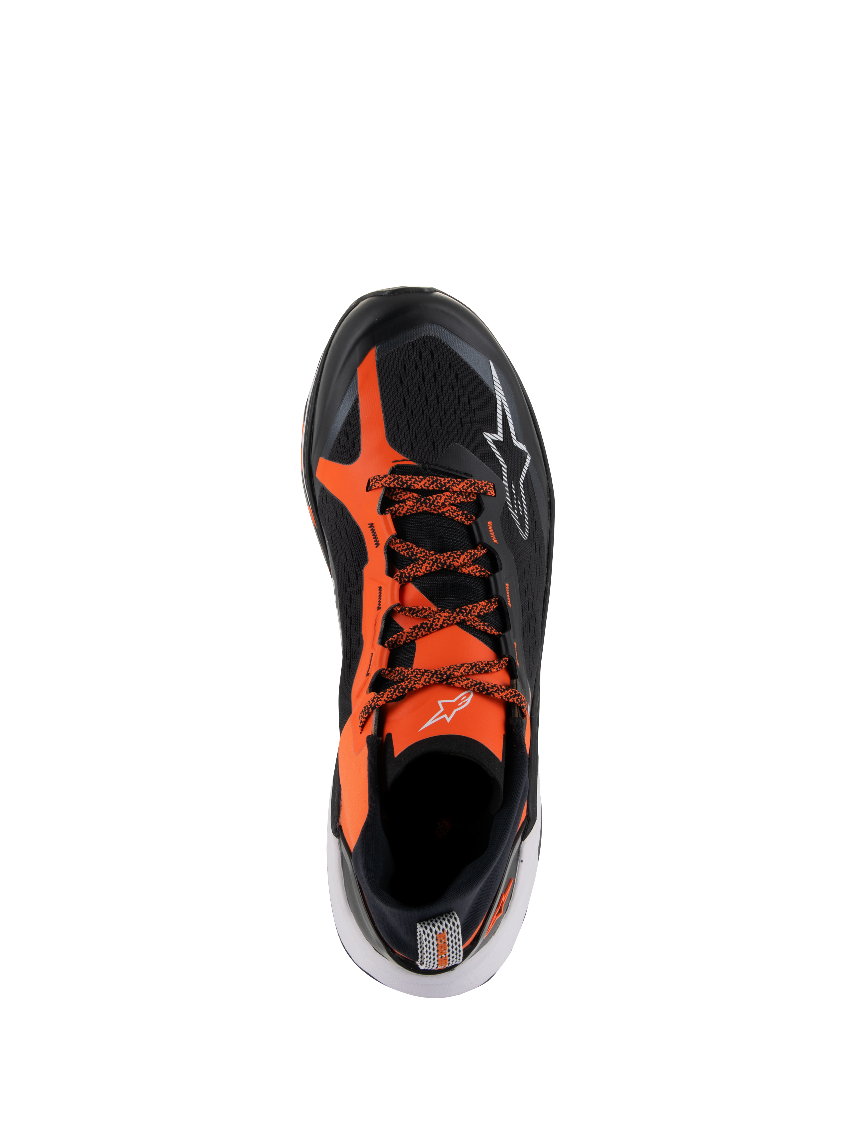 Scarpe Alpinestars Meta XR V2, scarpe sportive casual, nero, arancione e bianco, vista dall'alto con tomaia in rete tecnica nera, vivaci sovrapposizioni arancioni, lacci a fantasia e dettagli del logo bianchi, progettate per comfort e stabilità tutto il giorno.