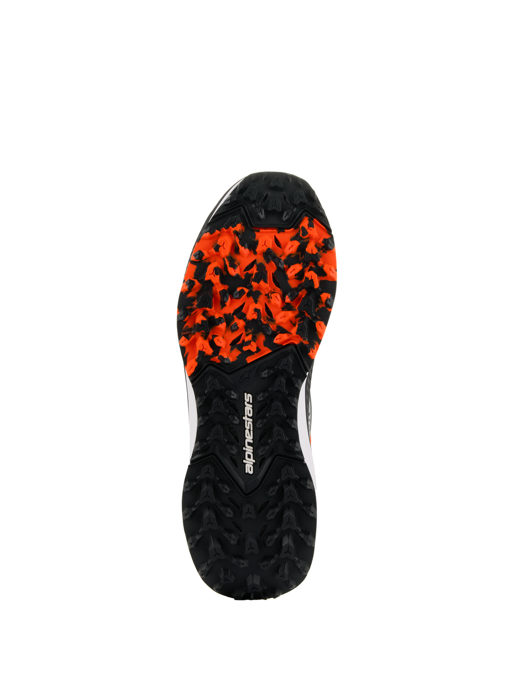Scarpe Alpinestars Meta XR V2, robusta suola in gomma, nero e arancione, con battistrada ad alta trazione per superfici sporche, logo Alpinestars bianco, resistente all'olio e anatomicamente ottimizzata per il grip off-road