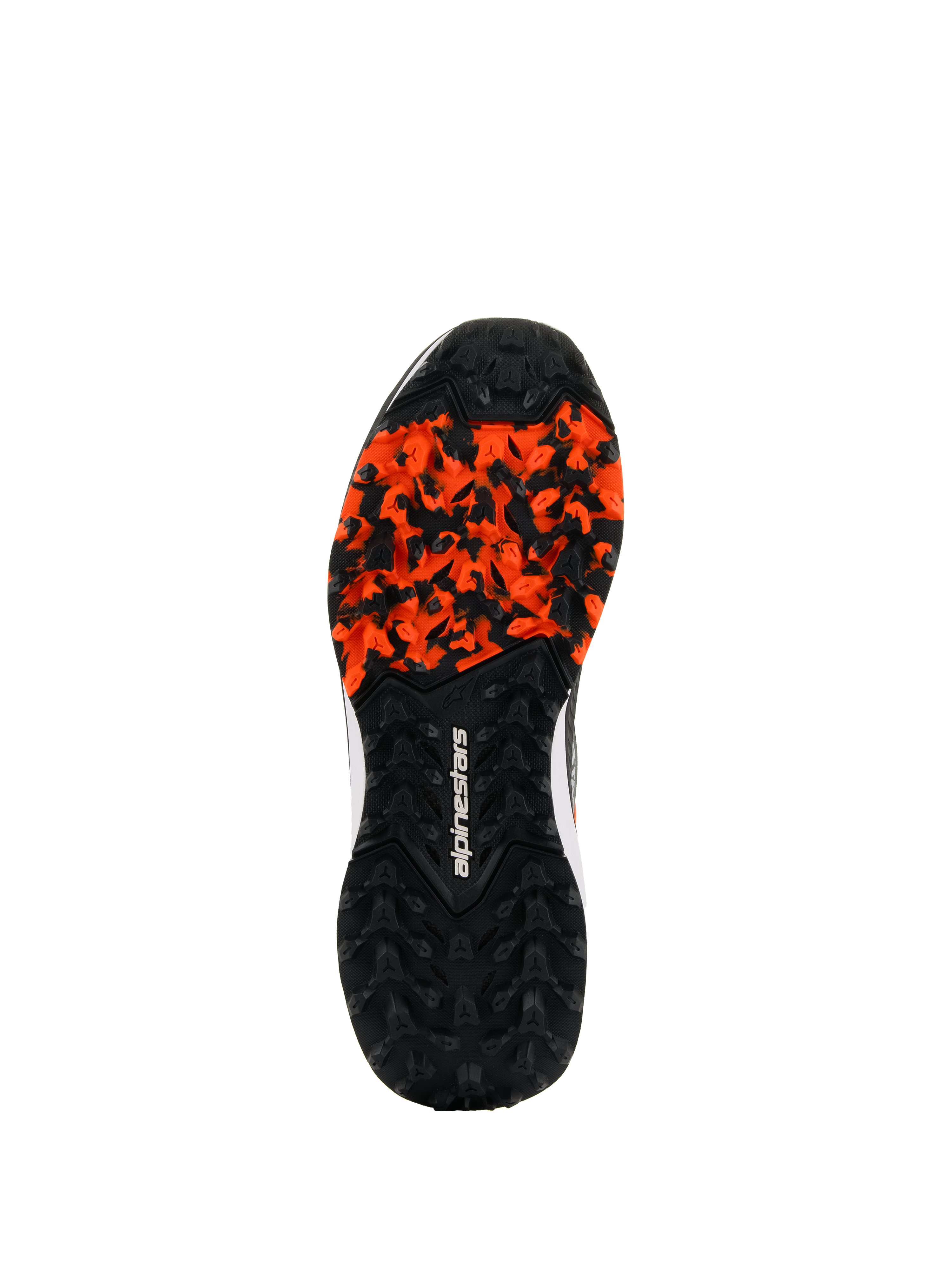 Scarpe Alpinestars Meta XR V2, robusta suola in gomma, nero e arancione, con battistrada ad alta trazione per superfici sporche, logo Alpinestars bianco, resistente all'olio e anatomicamente ottimizzata per il grip off-road