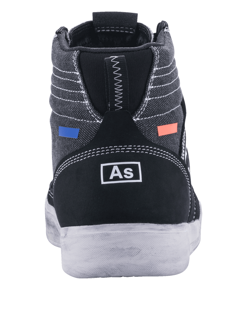 Alpinestars Ageless Riding Shoes, scarpe da moto, nero e grigio freddo, vista posteriore con tela grigio scuro e cuciture bianche, tallone in pelle scamosciata nera con logo bianco, dettagli blu e arancioni, design urbano casual con suola bianca