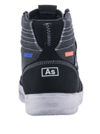 Alpinestars Ageless Riding Shoes, scarpe da moto, nero e grigio freddo, vista posteriore con tela grigio scuro e cuciture bianche, tallone in pelle scamosciata nera con logo bianco, dettagli blu e arancioni, design urbano casual con suola bianca