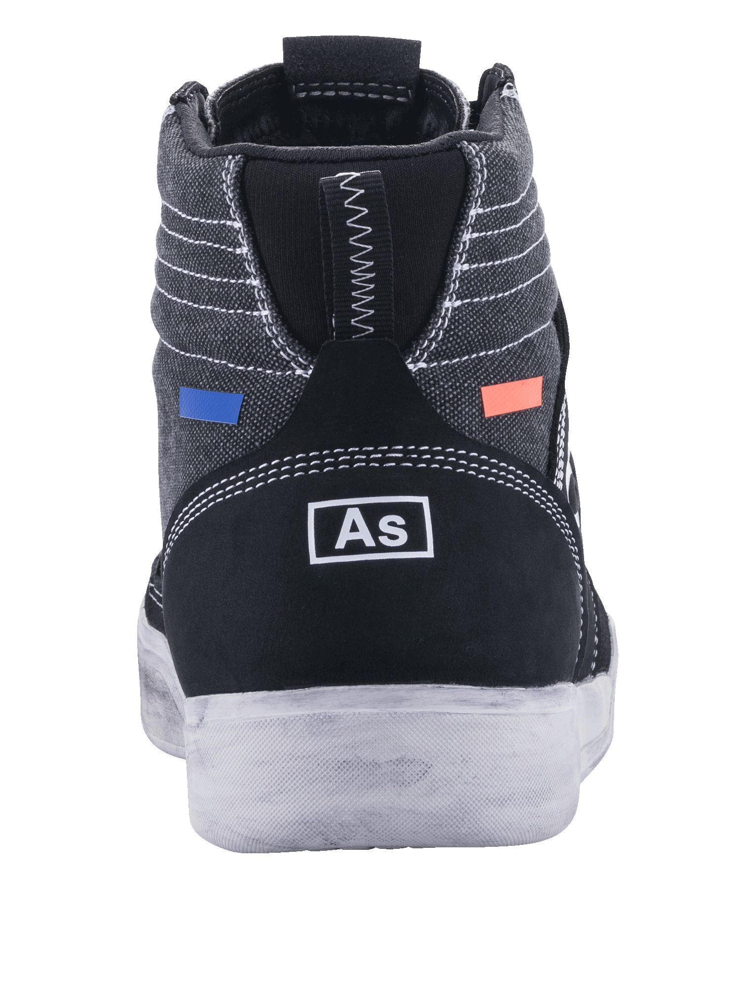 Alpinestars Ageless Riding Shoes, scarpe da moto, nero e grigio freddo, vista posteriore con tela grigio scuro e cuciture bianche, tallone in pelle scamosciata nera con logo bianco, dettagli blu e arancioni, design urbano casual con suola bianca