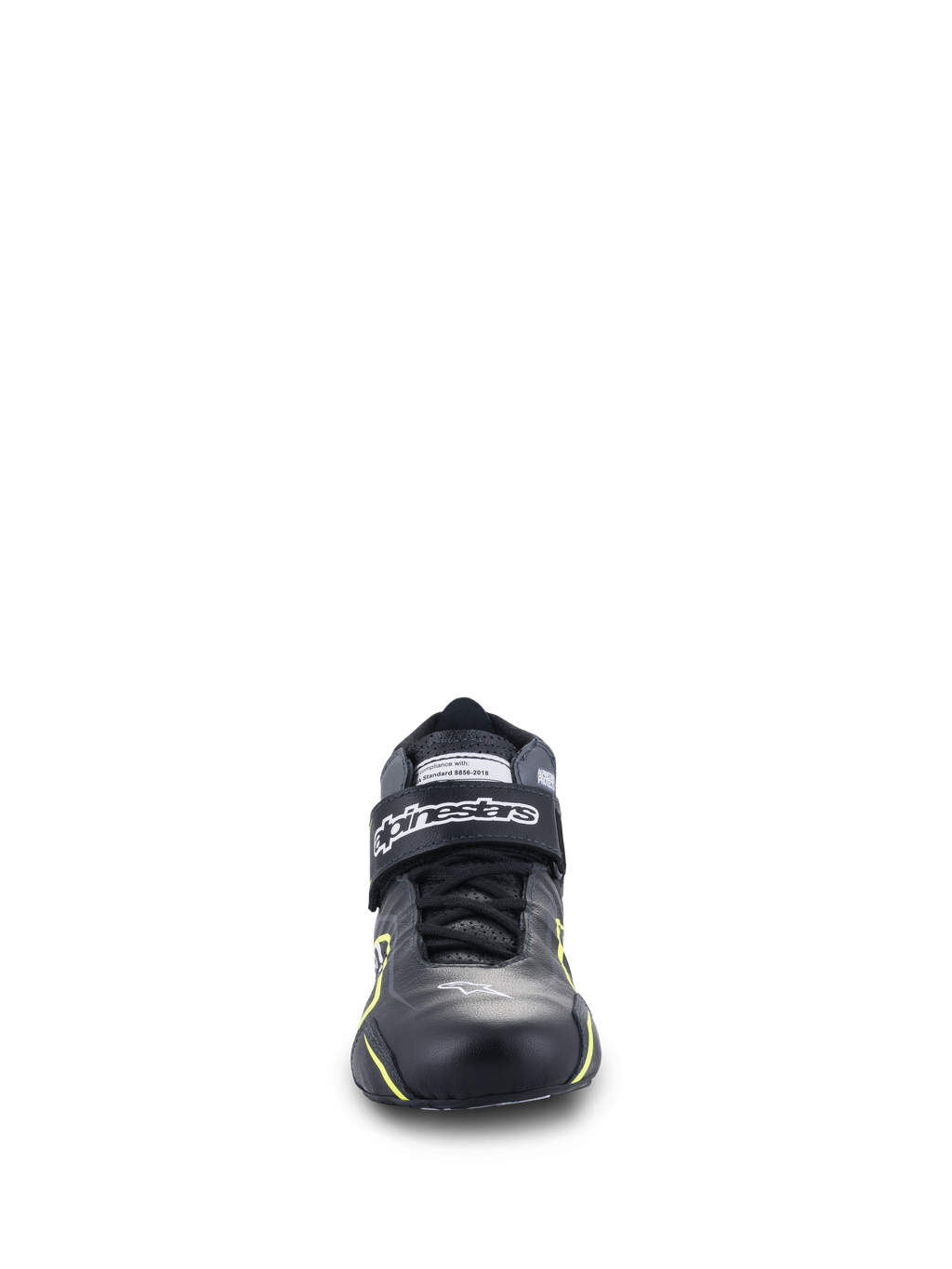Scarpe Alpinestars Tech-1 T V3 FIA, scarpe da auto racing, nero con accenti giallo fluo, vista frontale, costruzione interamente in pelle con cinturino alla caviglia a strappo, logo Alpinestars bianco, design tecnico per guida ad alte prestazioni