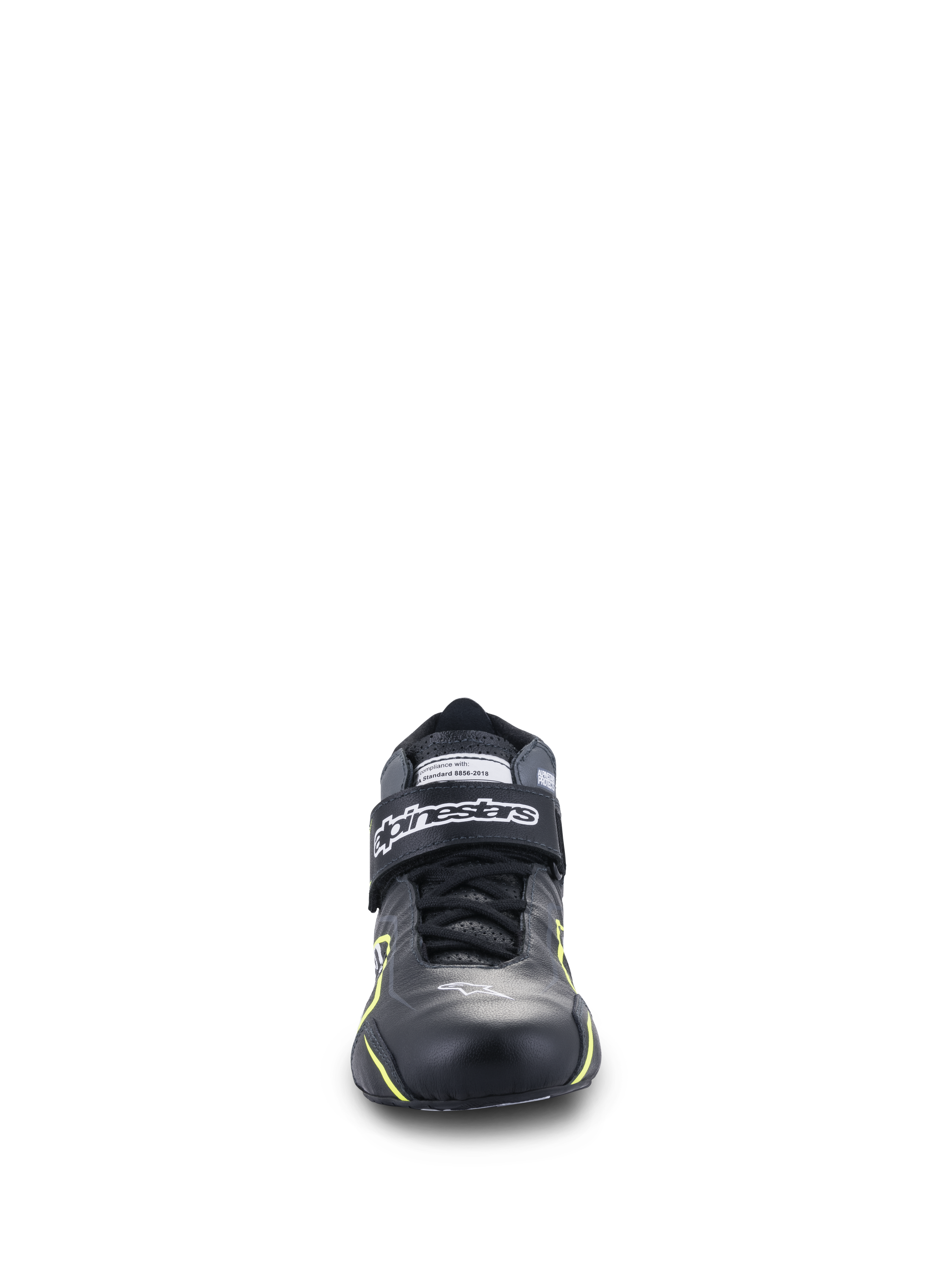Scarpe Alpinestars Tech-1 T V3 FIA, scarpe da auto racing, nero con accenti giallo fluo, vista frontale, costruzione interamente in pelle con cinturino alla caviglia a strappo, logo Alpinestars bianco, design tecnico per guida ad alte prestazioni