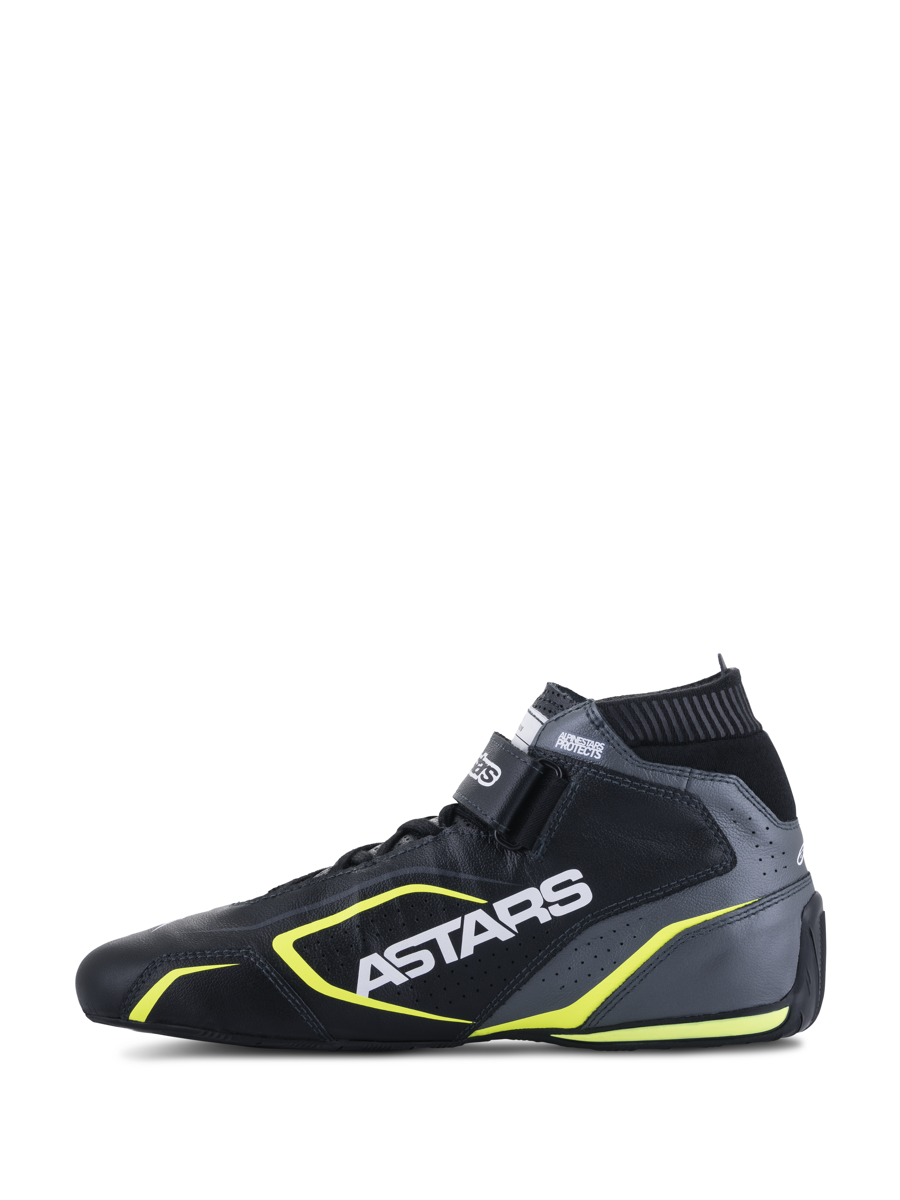 Scarpe Alpinestars Tech-1 T V3 FIA, scarpe da auto racing, nero, grigio freddo e giallo fluo, vista laterale di profilo che mostra la costruzione in pelle, branding ASTARS bianco, colletto elastico ignifugo e vivaci accenti gialli.