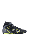 Scarpe da pilota Alpinestars Tech-1 T V3 FIA, nero e grigio freddo con accenti giallo fluo, calzatura motorsport modello alto, costruzione in pelle bovina traforata, cinturino alla caviglia con lacci, logo bianco e branding 1T, certificate FIA 8856-2018 per gare automobilistiche