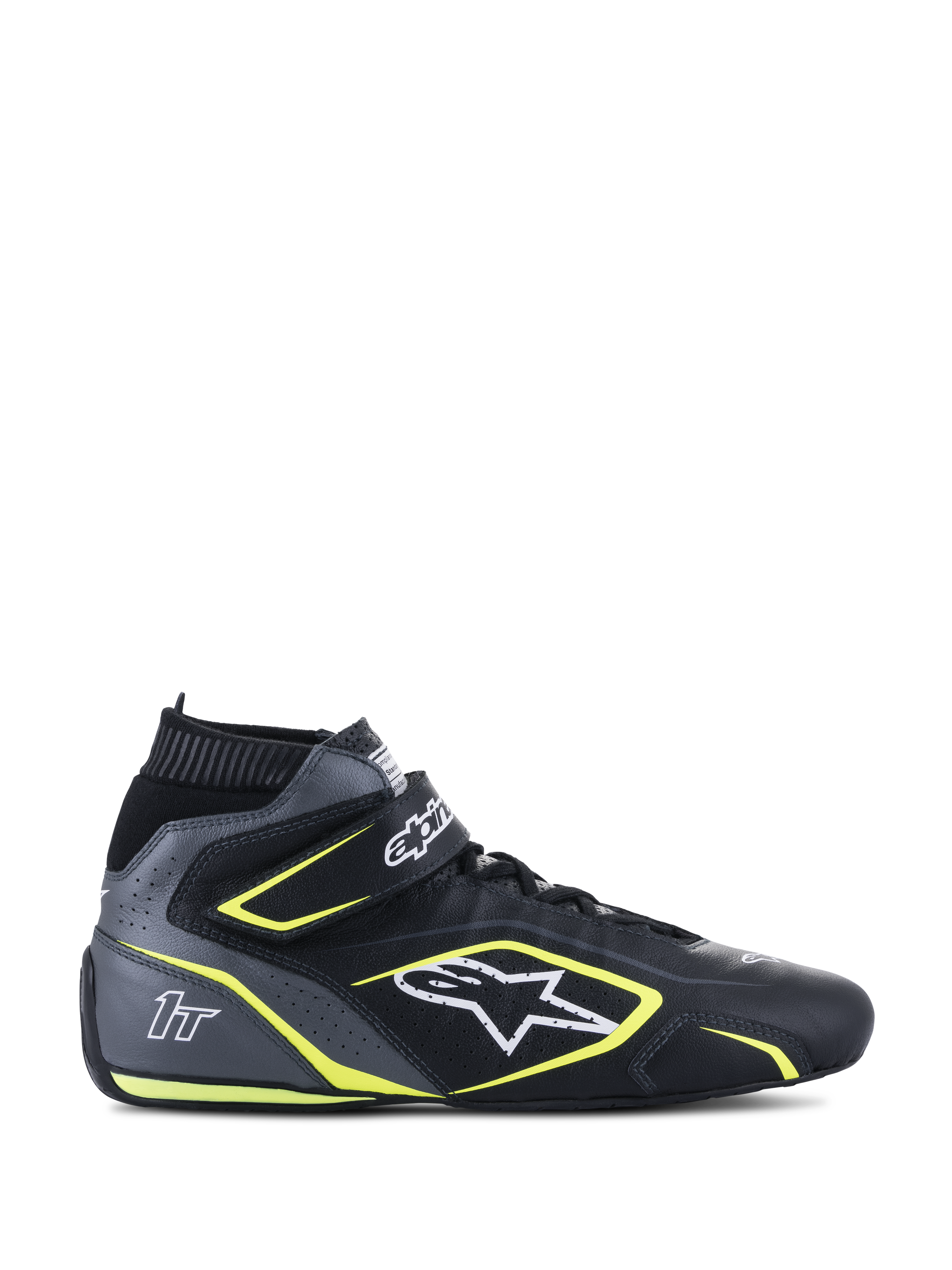 Scarpe da pilota Alpinestars Tech-1 T V3 FIA, nero e grigio freddo con accenti giallo fluo, calzatura motorsport modello alto, costruzione in pelle bovina traforata, cinturino alla caviglia con lacci, logo bianco e branding 1T, certificate FIA 8856-2018 per gare automobilistiche