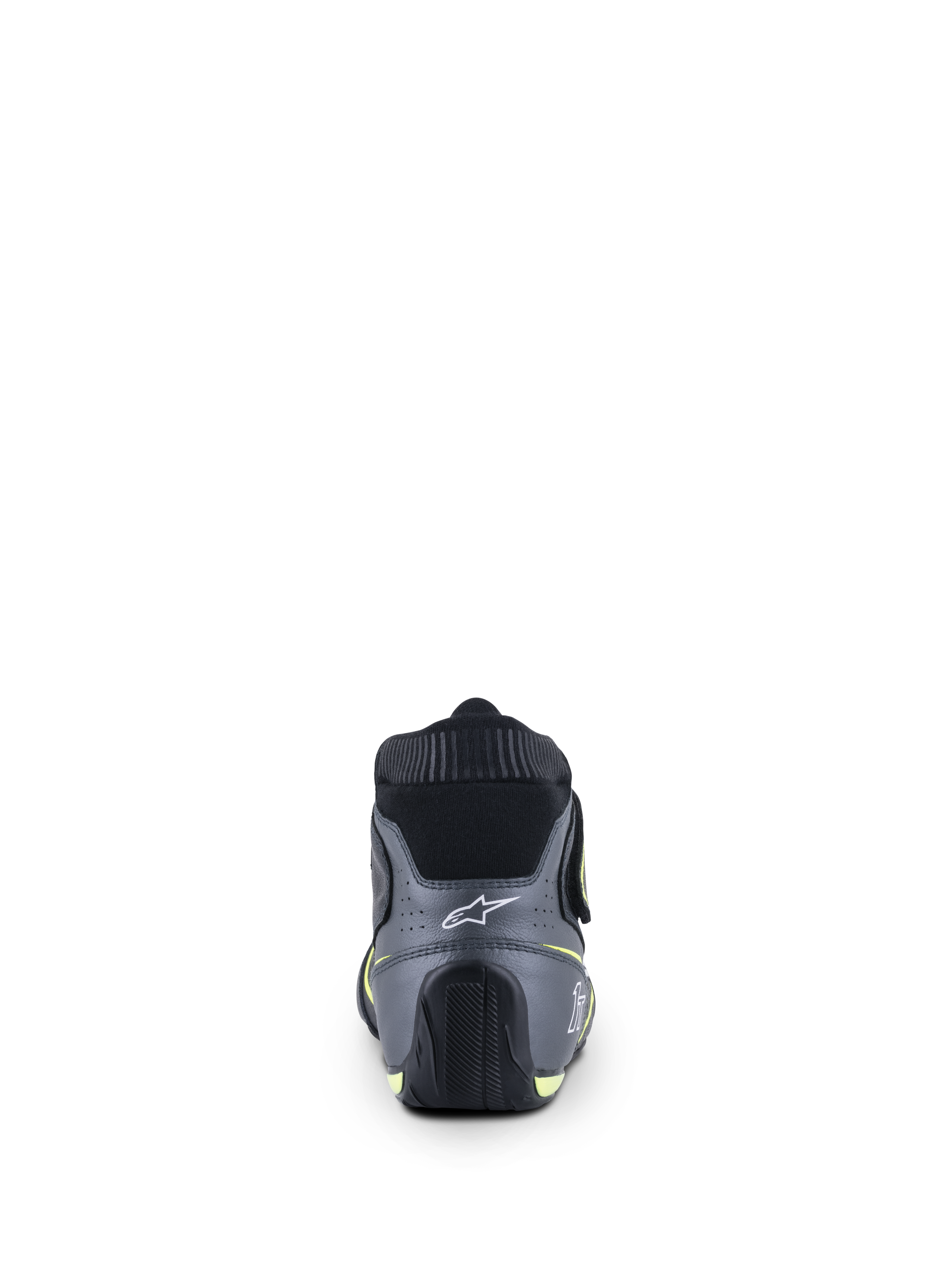 Alpinestars Tech-1 T V3 Shoes FIA, scarpe da auto racing, nero, grigio freddo e giallo fluo, vista posteriore con il logo a stella bianca sul tallone e colletto elastico ignifugo
