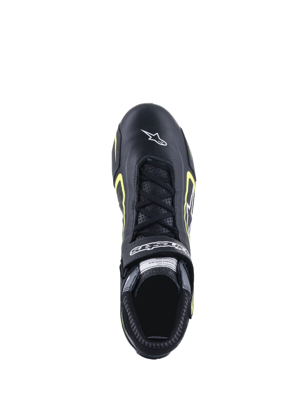 Alpinestars Tech-1 T V3 Shoes FIA, scarpe da racing, nero e giallo fluo, vista dall'alto che mostra la struttura in pelle, chiusura con lacci e logo Alpinestars bianco sulla punta