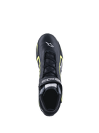 Alpinestars Tech-1 T V3 Shoes FIA, scarpe da racing, nero e giallo fluo, vista dall'alto che mostra la struttura in pelle, chiusura con lacci e logo Alpinestars bianco sulla punta