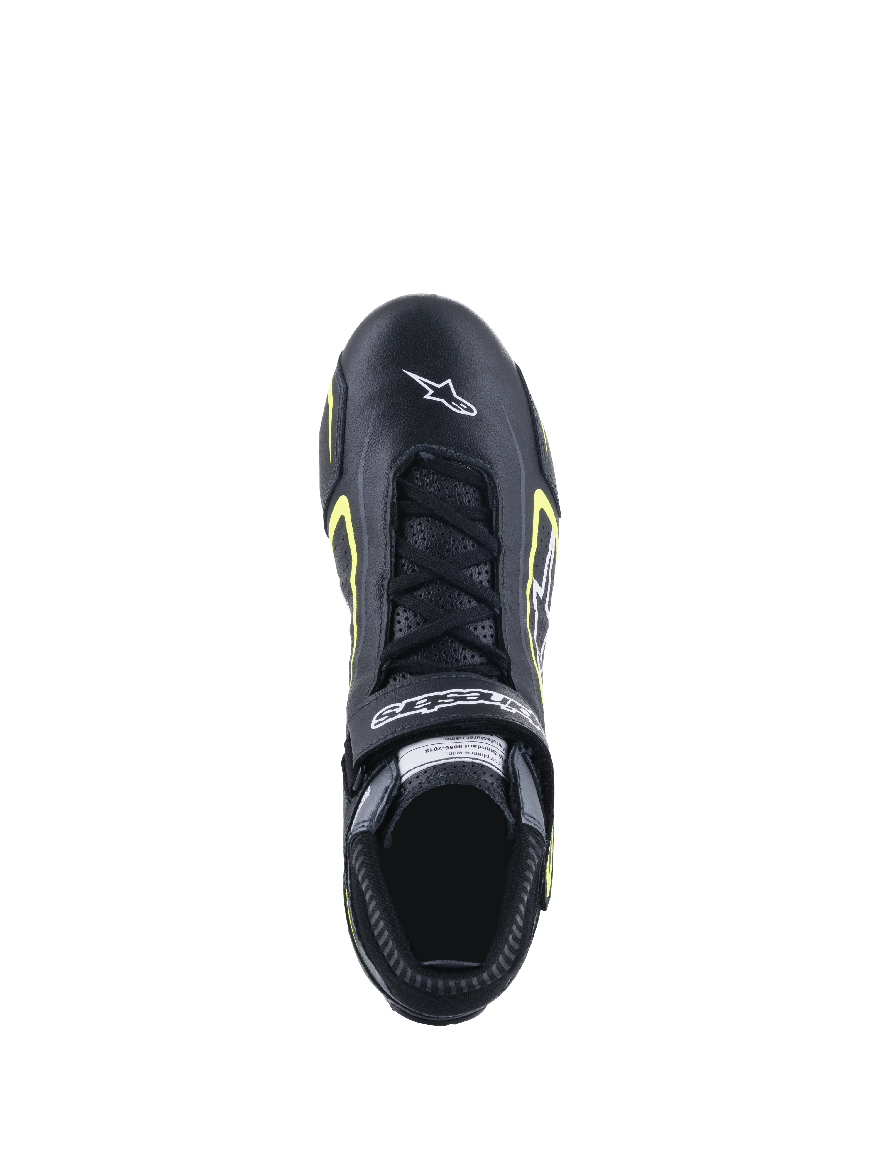 Alpinestars Tech-1 T V3 Shoes FIA, scarpe da racing, nero e giallo fluo, vista dall'alto che mostra la struttura in pelle, chiusura con lacci e logo Alpinestars bianco sulla punta
