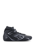 Alpinestars Tech-1 T V3 Shoes FIA, scarpe da corsa nere e argento, calzature motorsport alte in pelle con cinturino a strappo alla caviglia, pannelli laterali traforati e loghi argento, omologate FIA per competizioni automobilistiche professionali