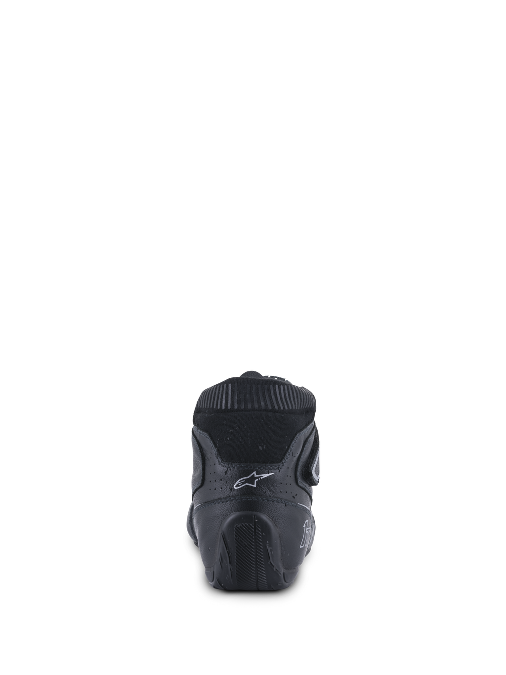 Alpinestars Tech-1 T V3 Shoes FIA, scarpe da corsa, nero e argento, vista posteriore che mostra il contrafforte ergonomico, logo Astars bianco e suola in gomma testurizzata progettata per il controllo dei pedali.