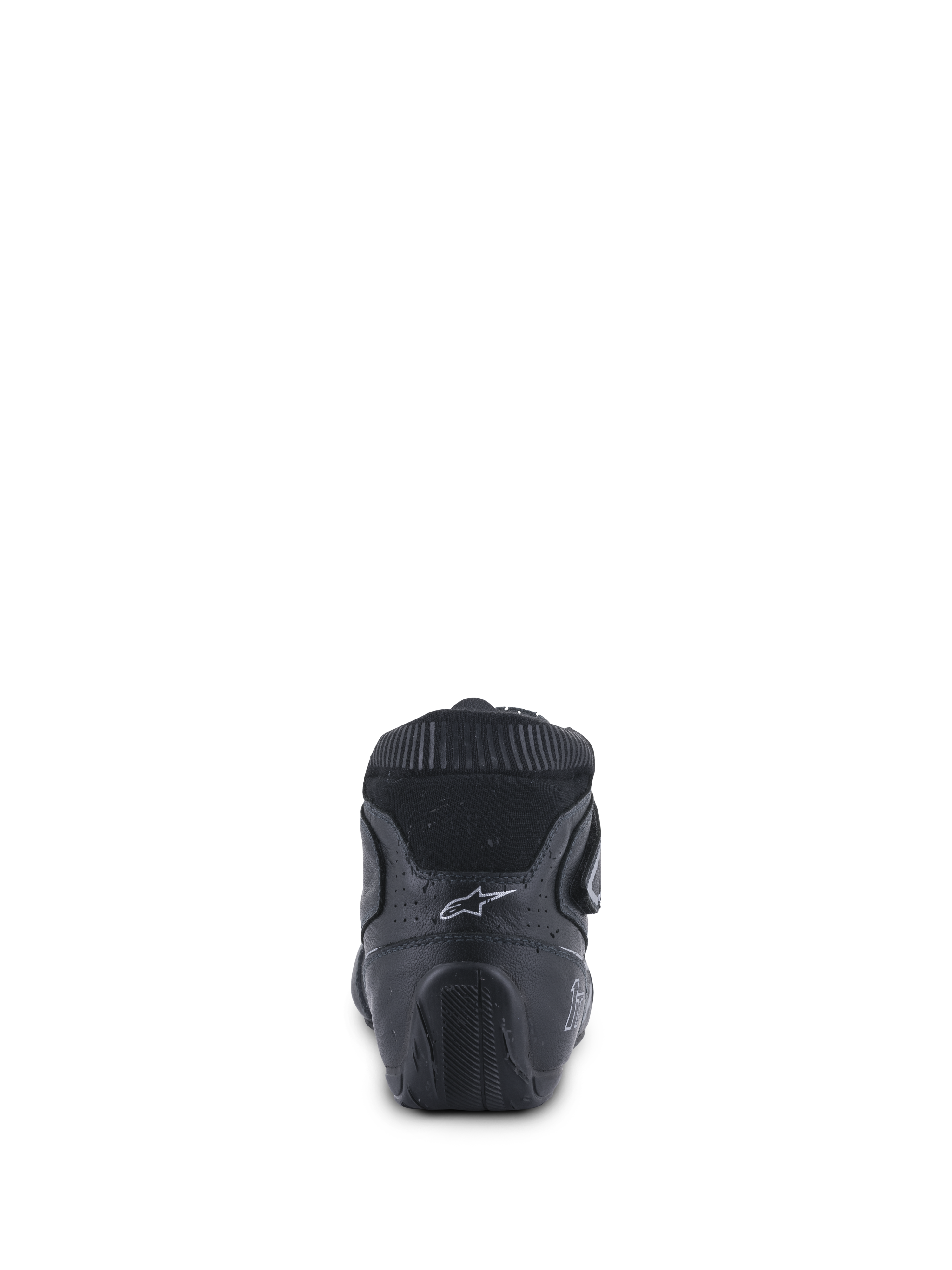 Alpinestars Tech-1 T V3 Shoes FIA, scarpe da corsa, nero e argento, vista posteriore che mostra il contrafforte ergonomico, logo Astars bianco e suola in gomma testurizzata progettata per il controllo dei pedali.