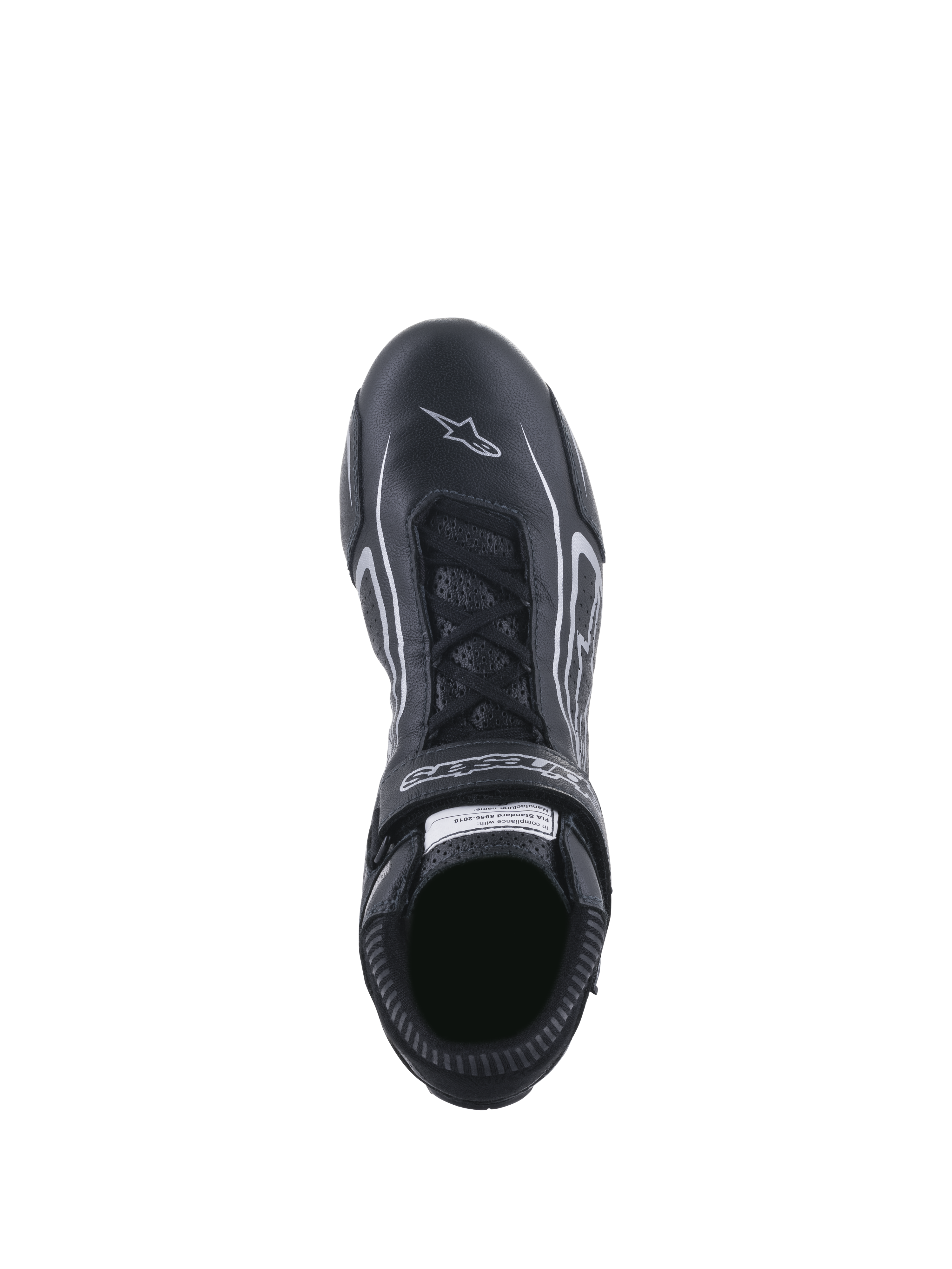 Scarpe Alpinestars Tech-1 T V3 FIA, scarpe da corsa, nero e argento, vista dall'alto del sistema di allacciatura e del cinturino a strappo con marchio, pelle bovina pieno fiore con logo a stella bianco sulla punta, calzatura professionale da motorsport