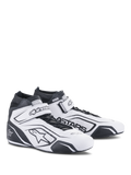 Alpinestars Tech-1 T V3 Shoes FIA, scarpe da corsa bianco e nero, calzature professionali per motorsport, certificate FIA, design alto in pelle con ventilazione traforata, cinturino alla caviglia con chiusura a strappo e logo Astars nero in evidenza