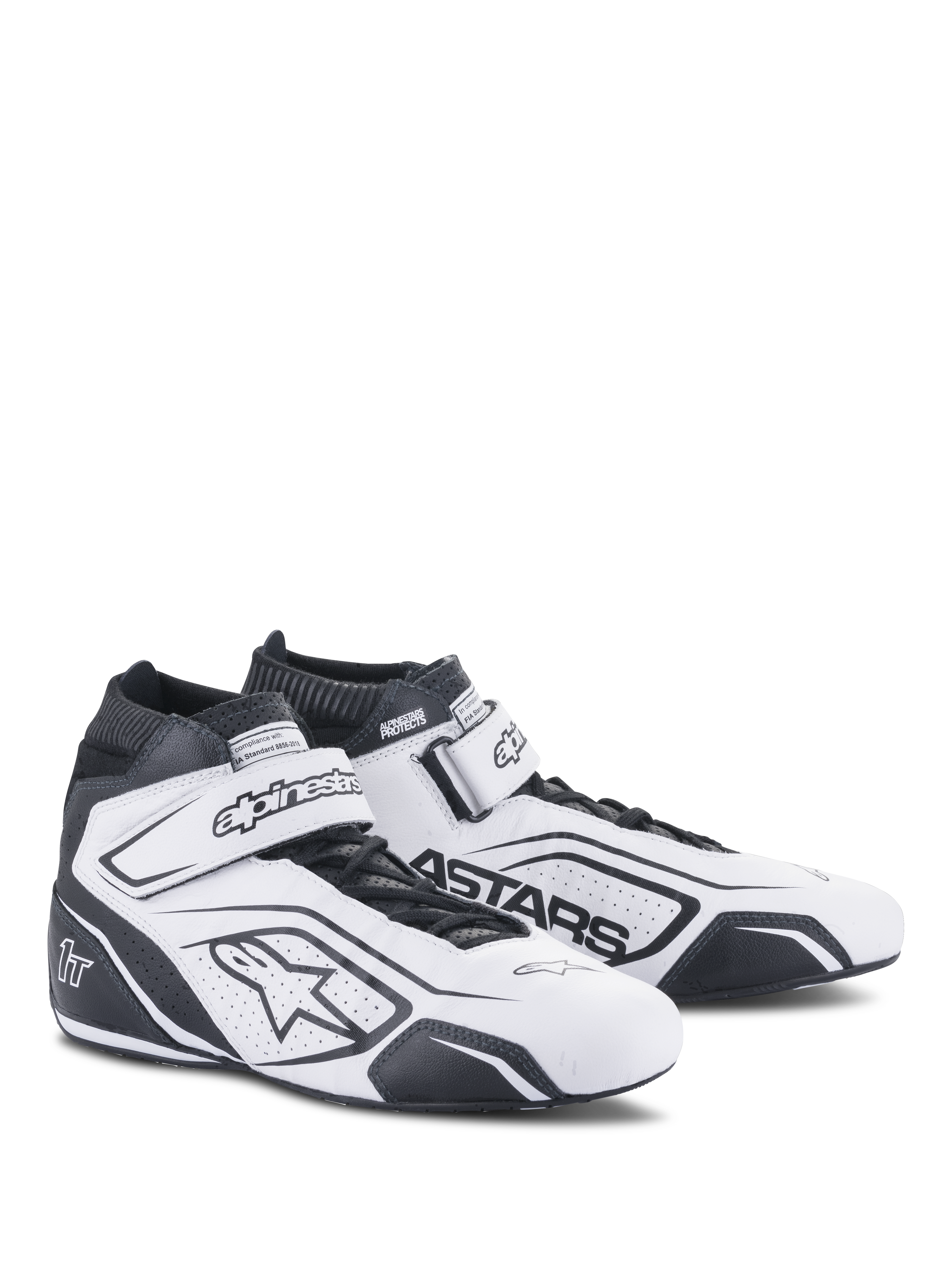 Alpinestars Tech-1 T V3 Shoes FIA, scarpe da corsa bianco e nero, calzature professionali per motorsport, certificate FIA, design alto in pelle con ventilazione traforata, cinturino alla caviglia con chiusura a strappo e logo Astars nero in evidenza