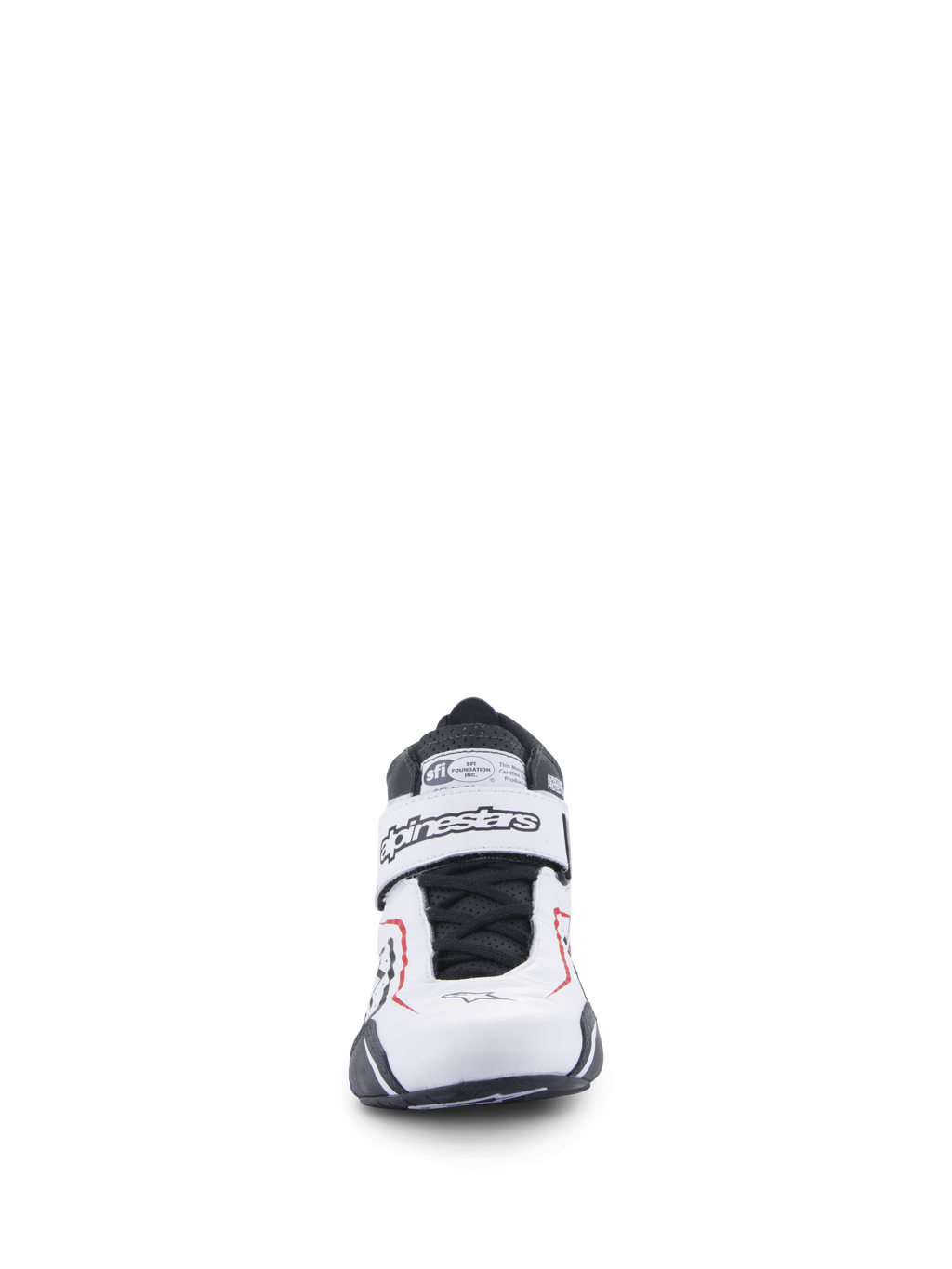 Scarpe Alpinestars Tech-1 T V3, scarpe da auto racing, bianco, nero e rosso, vista frontale con cinturino a strappo con marchio Alpinestars, lacci neri ed etichetta di certificazione SFI sulla linguetta