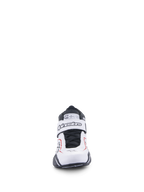 Scarpe Alpinestars Tech-1 T V3, scarpe da auto racing, bianco, nero e rosso, vista frontale con cinturino a strappo con marchio Alpinestars, lacci neri ed etichetta di certificazione SFI sulla linguetta