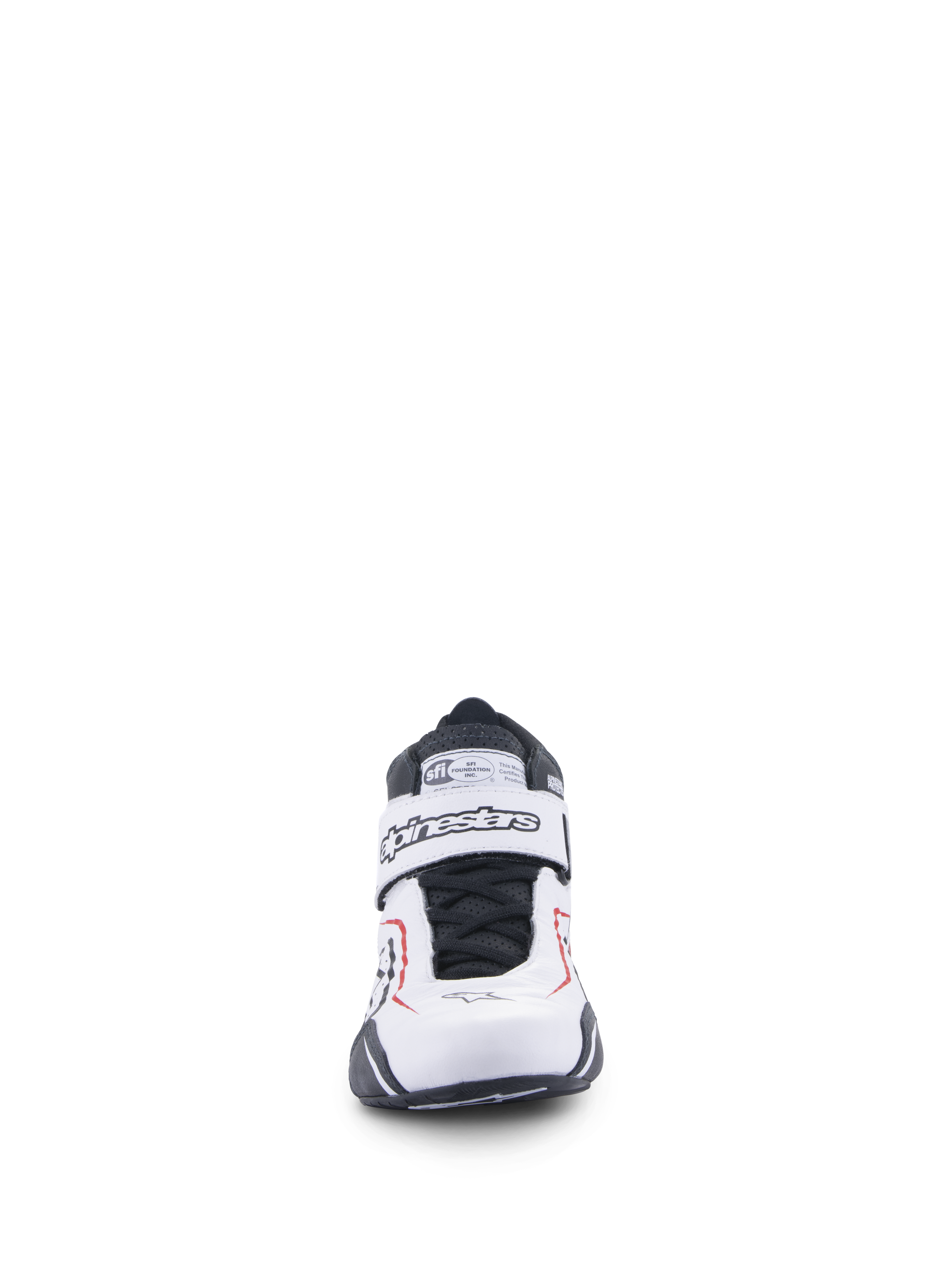 Scarpe Alpinestars Tech-1 T V3, scarpe da auto racing, bianco, nero e rosso, vista frontale con cinturino a strappo con marchio Alpinestars, lacci neri ed etichetta di certificazione SFI sulla linguetta