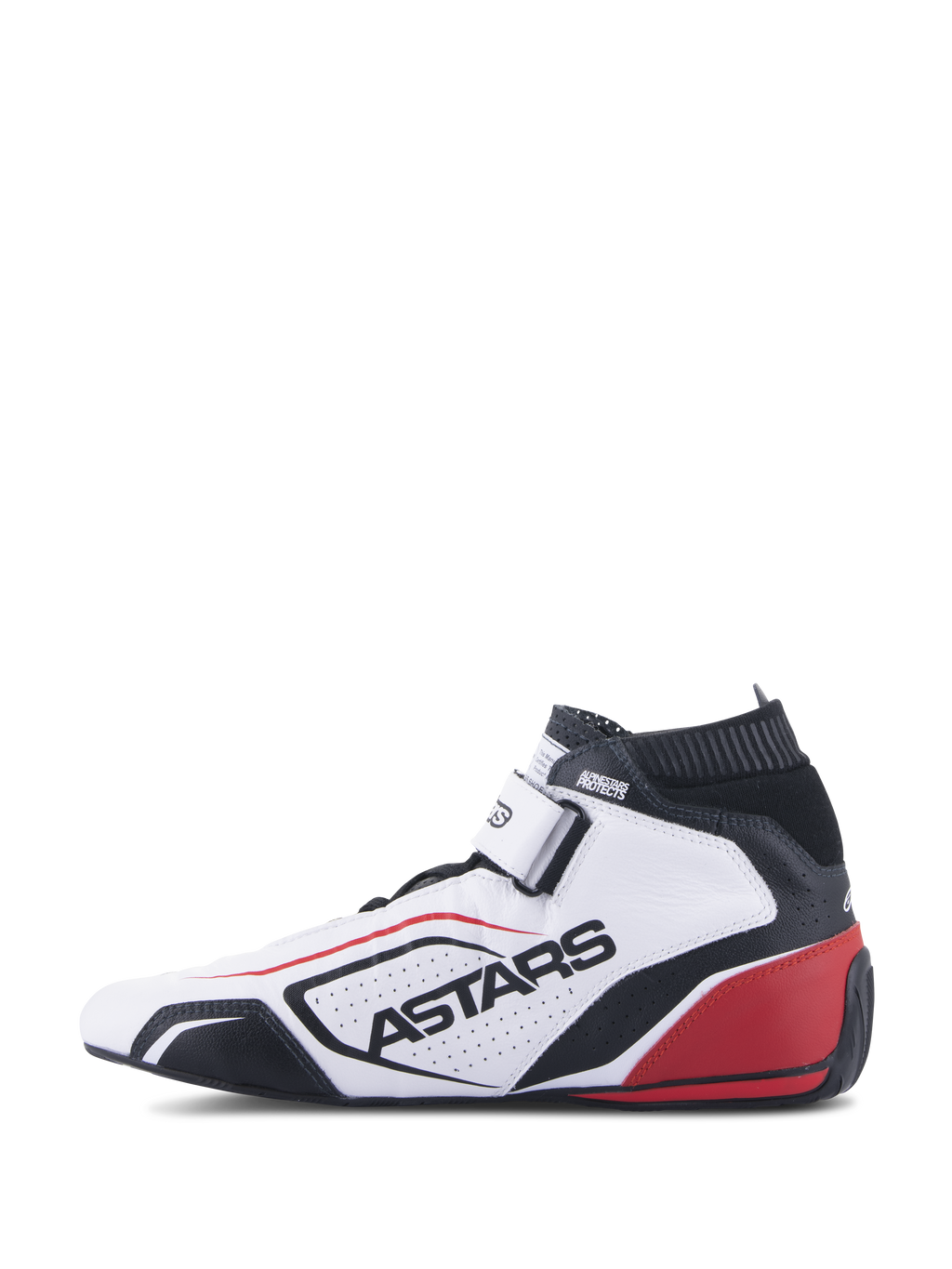 Scarpe Alpinestars Tech-1 T V3 FIA, calzature professionali per corse automobilistiche, bianco, nero e rosso, vista di profilo con marchio ASTARS su pelle traforata, colletto ignifugo nero e dettagli rossi sul tallone, design motorsport ad alte prestazioni.