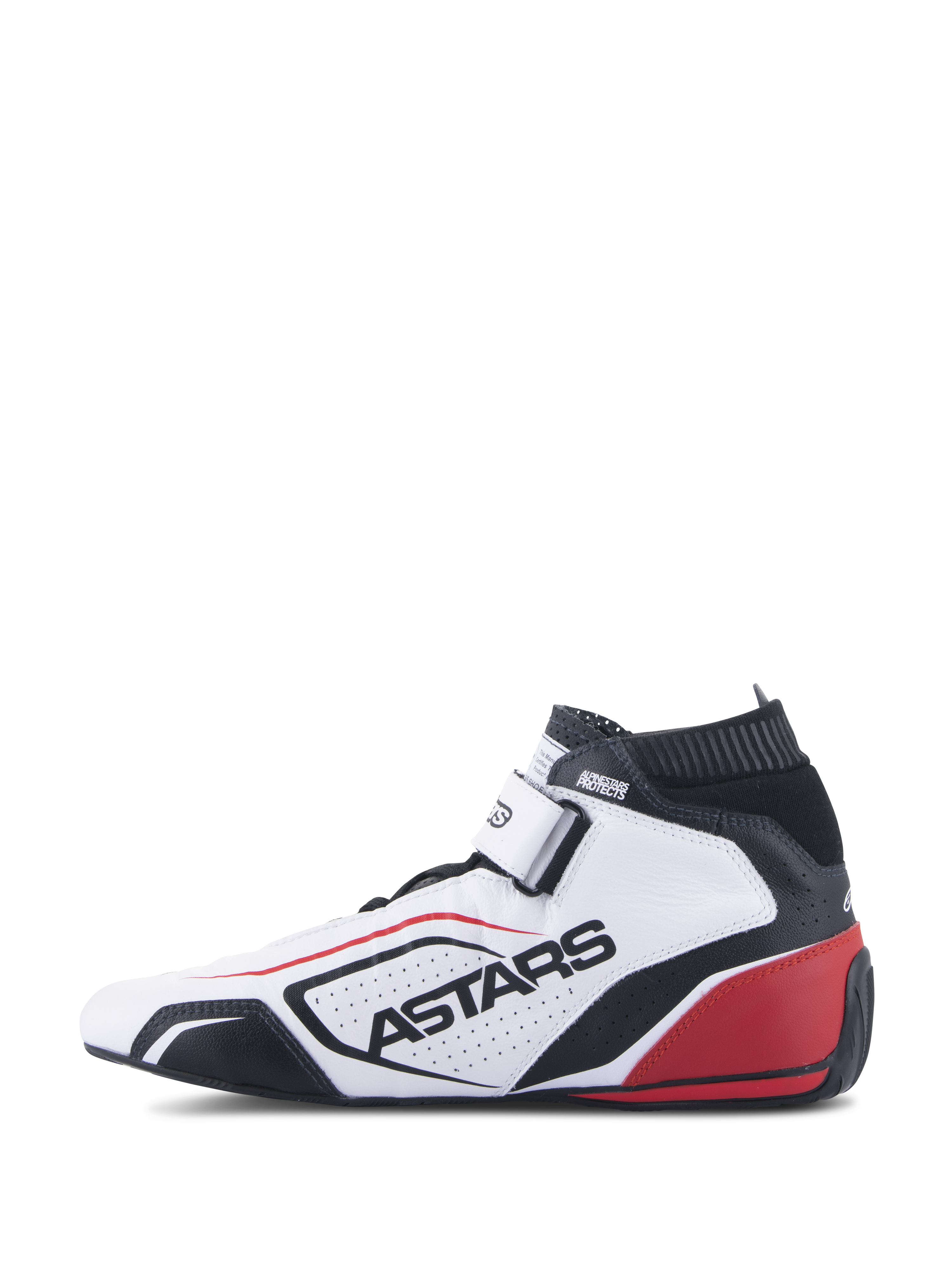 Scarpe Alpinestars Tech-1 T V3 FIA, calzature professionali per corse automobilistiche, bianco, nero e rosso, vista di profilo con marchio ASTARS su pelle traforata, colletto ignifugo nero e dettagli rossi sul tallone, design motorsport ad alte prestazioni.