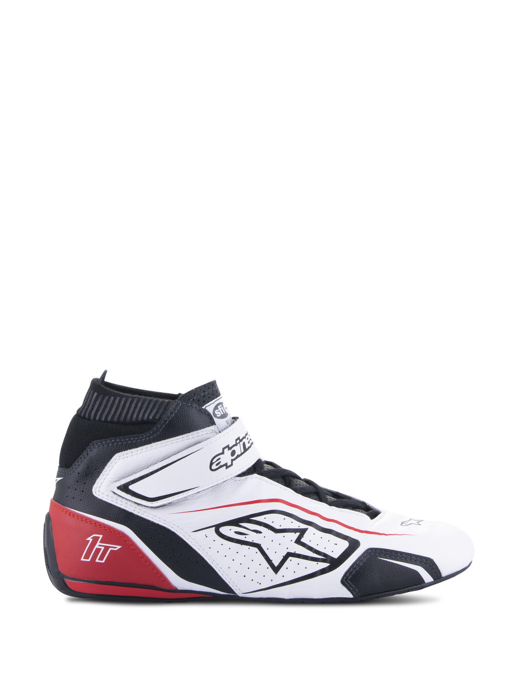 Alpinestars Tech-1 T V3 Shoes FIA, scarpe da corsa, bianco, nero e rosso, vista laterale di profilo, design high-top in pelle con pannelli traforati, tallone rosso con logo 1T, colletto elastico nero, chiusura a strappo regolabile, calzature professionali per motorsport
