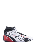 Alpinestars Tech-1 T V3 Shoes FIA, scarpe da corsa, bianco, nero e rosso, vista laterale di profilo, design high-top in pelle con pannelli traforati, tallone rosso con logo 1T, colletto elastico nero, chiusura a strappo regolabile, calzature professionali per motorsport