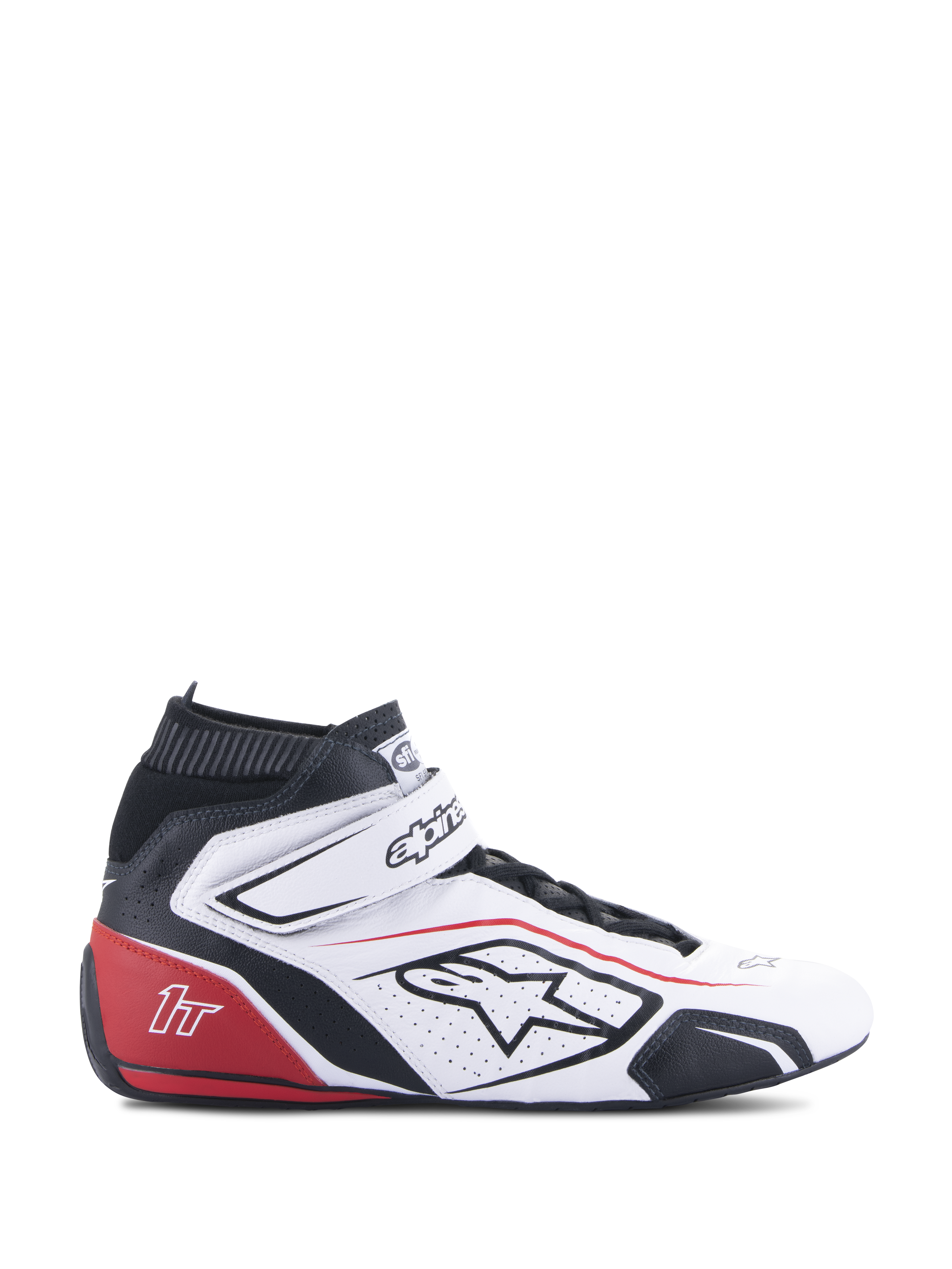 Alpinestars Tech-1 T V3 Shoes FIA, scarpe da corsa, bianco, nero e rosso, vista laterale di profilo, design high-top in pelle con pannelli traforati, tallone rosso con logo 1T, colletto elastico nero, chiusura a strappo regolabile, calzature professionali per motorsport