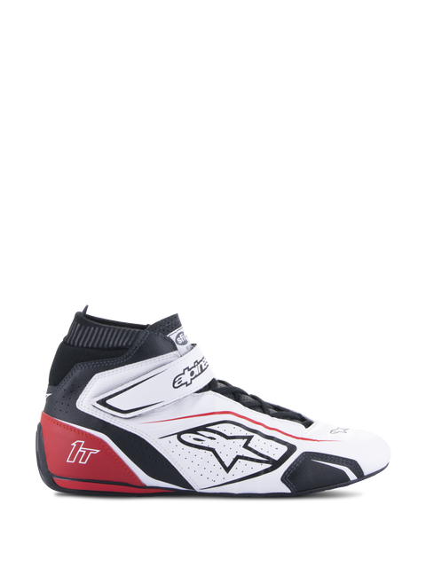 Alpinestars Tech-1 T V3 Shoes FIA, Auto Racing Shoes, White Black and Red, side profile view, high-top leather design with perforated panels, red heel section with 1T logo, black elastic ankle cuff, adjustable strap closure, professional motorsport footwear