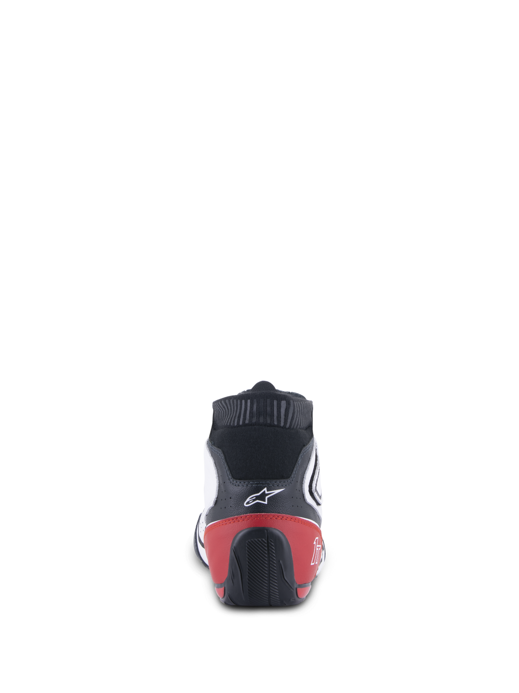 Alpinestars Tech-1 T V3 Shoes FIA, scarpe da auto racing, bianco, nero e rosso, vista posteriore che mostra il tallone rosso e la suola testurizzata nera, logo Alpinestars bianco sulla tomaia in pelle nera